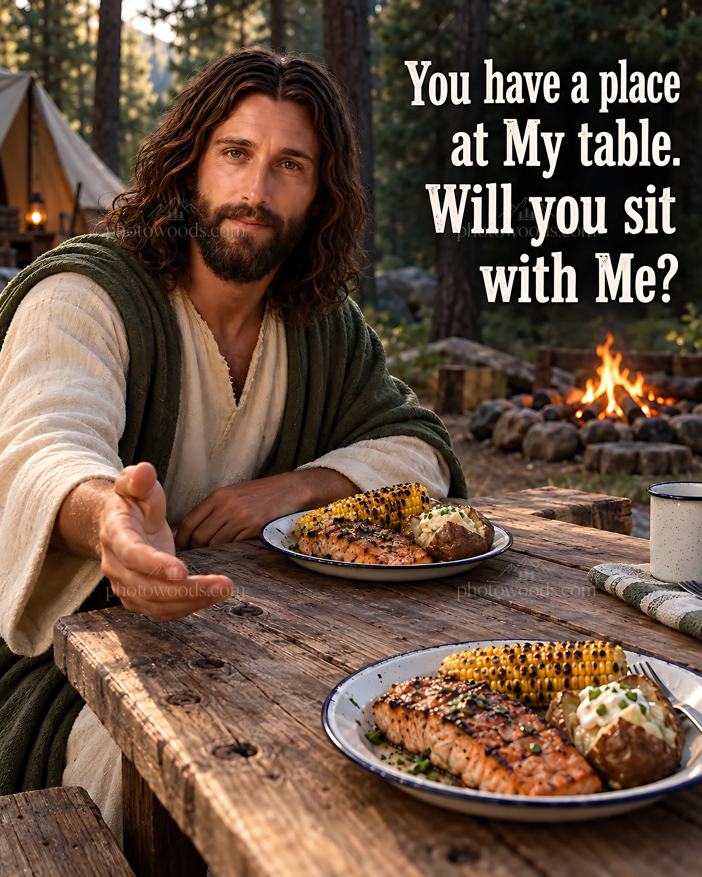 You have a place at My table invitation scene under pines - AI-generated stock image