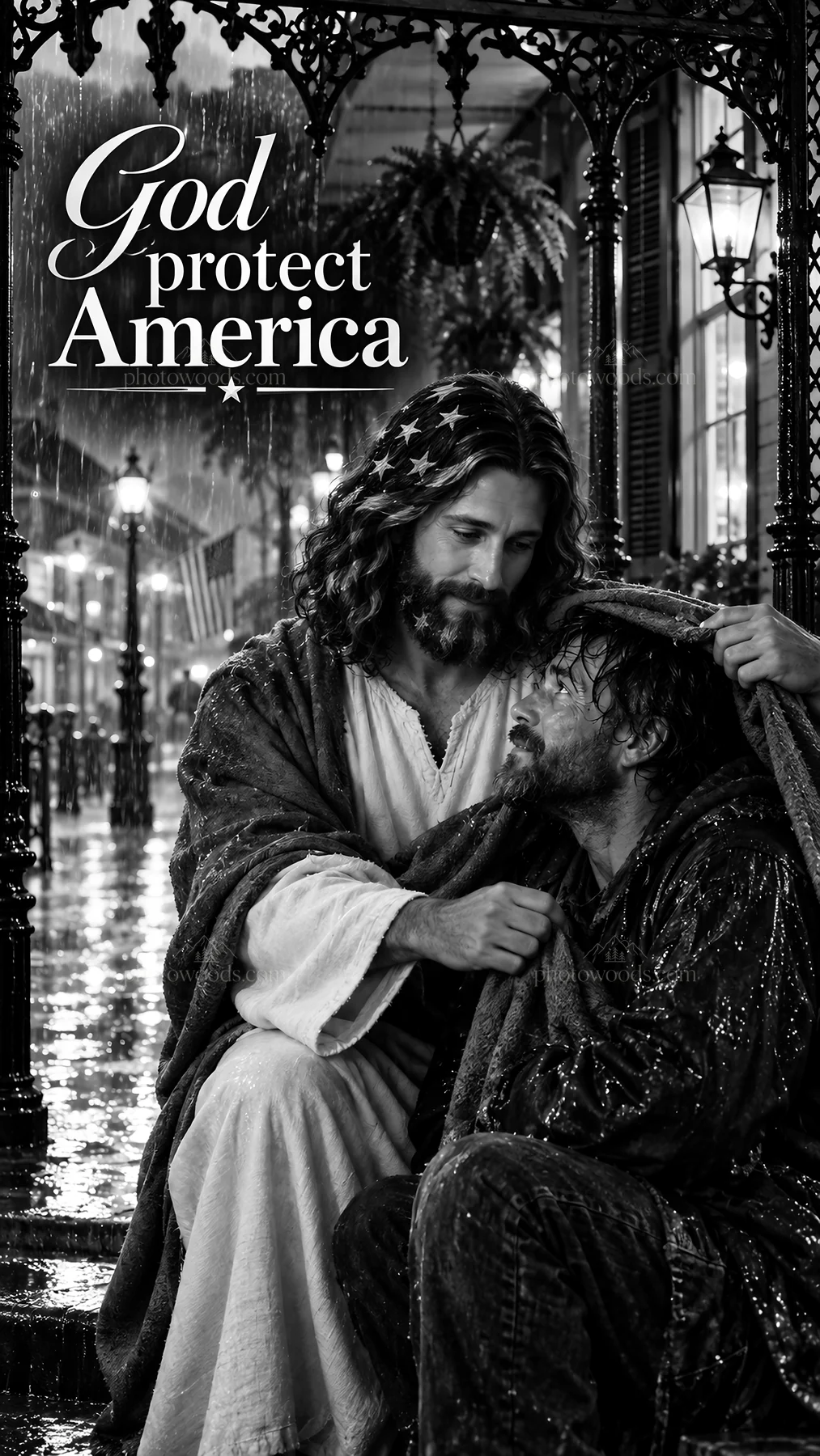 Jesus Christ comforting a suffering person in the rain - AI-generated stock image