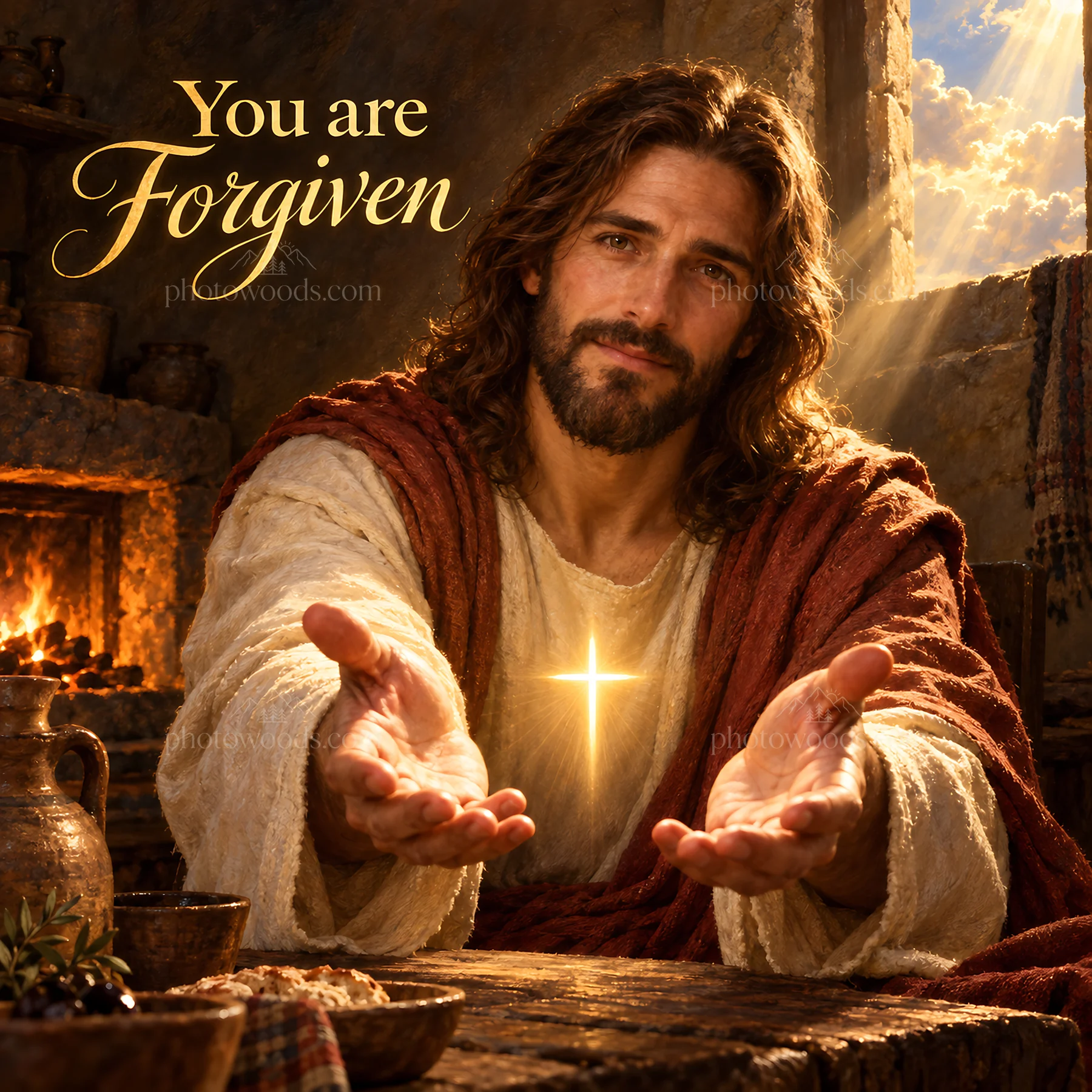 Jesus Christ extends forgiveness with welcoming hands - AI-generated stock image