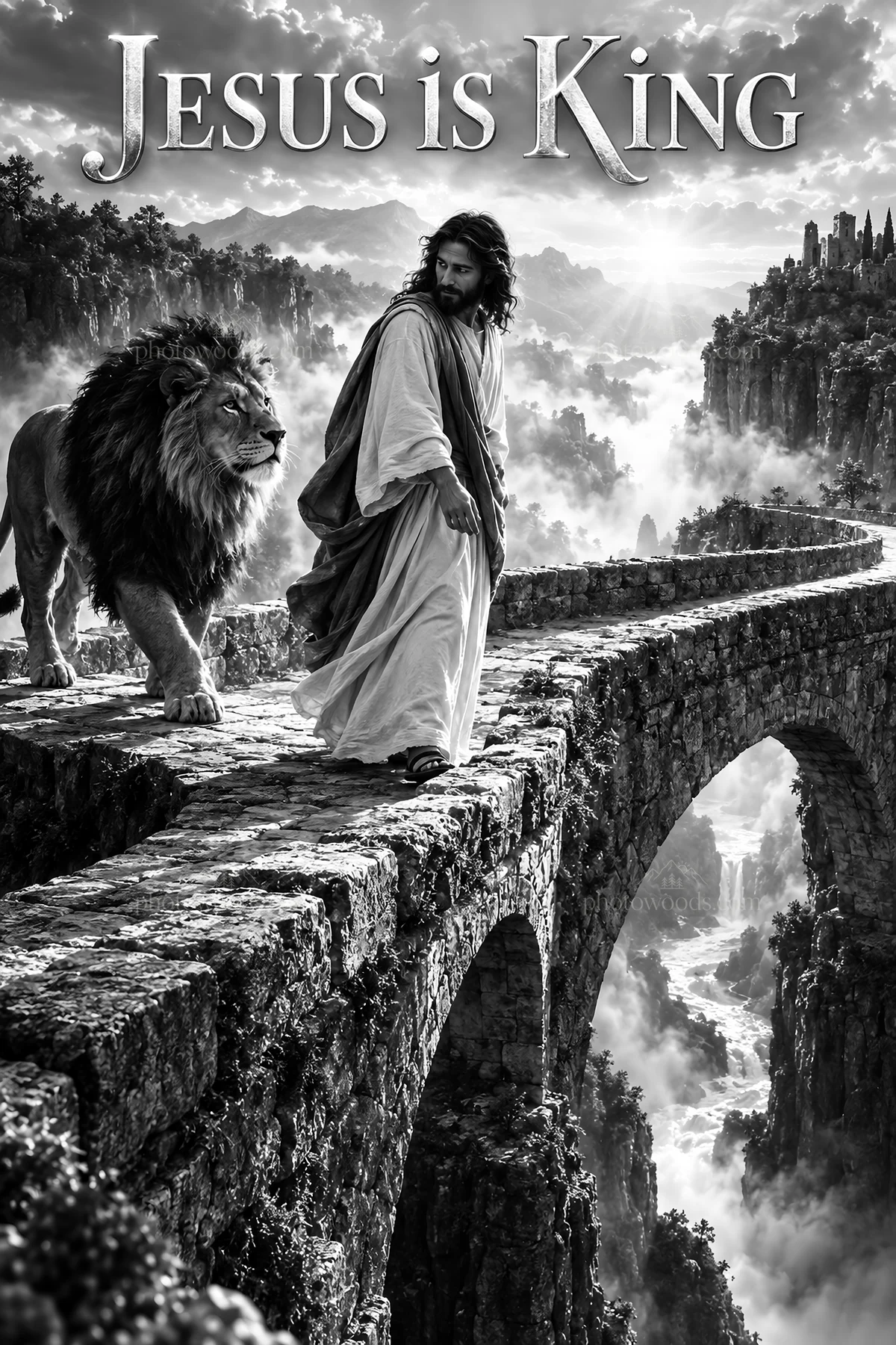 Jesus Christ walking with a lion on a bridge - AI-generated stock image