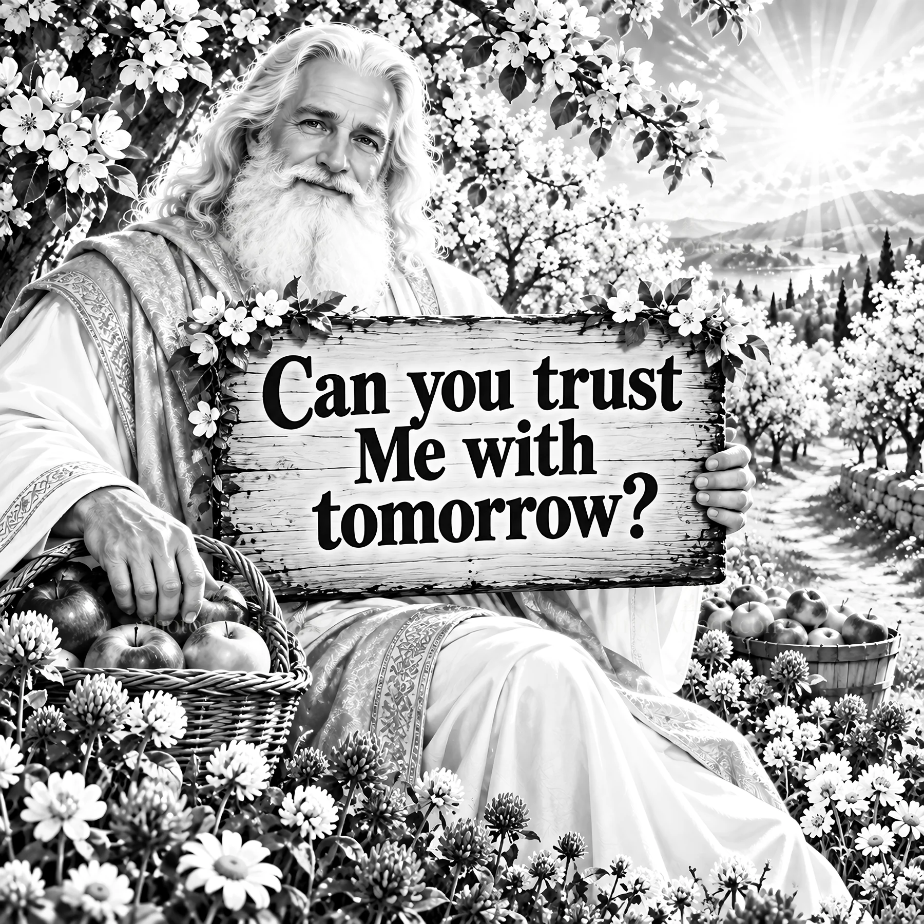 Jesus Christ holding a sign asking if you can trust Him with tomorrow - AI-generated stock image