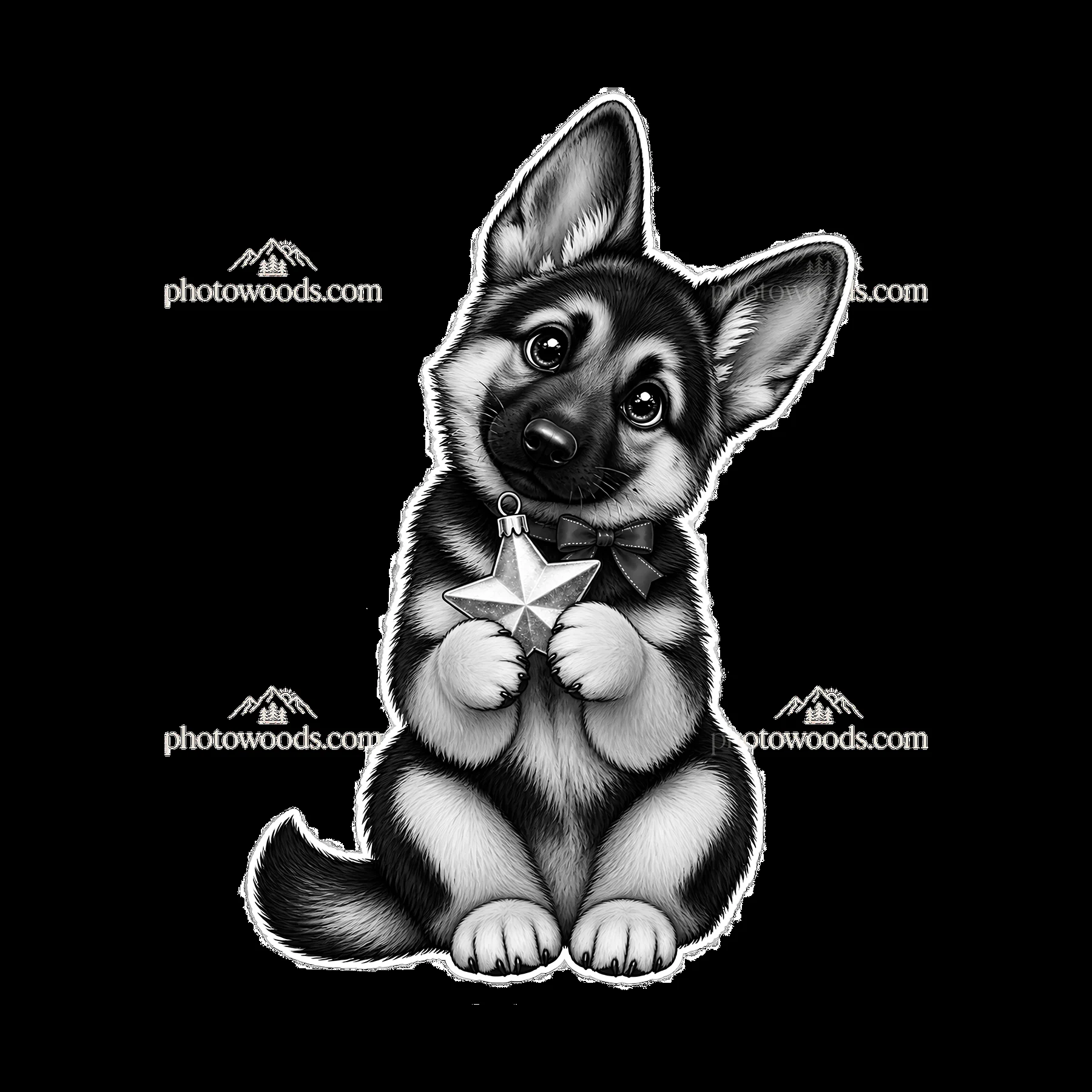 Christmas German Shepherd holding a star ornament in black and white - AI-generated stock image