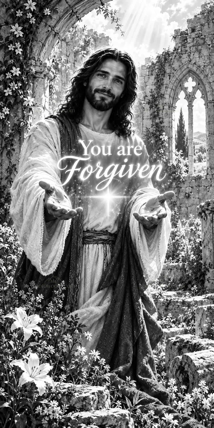 Jesus Christ welcoming viewers with open hands offering forgiveness - AI-generated stock image