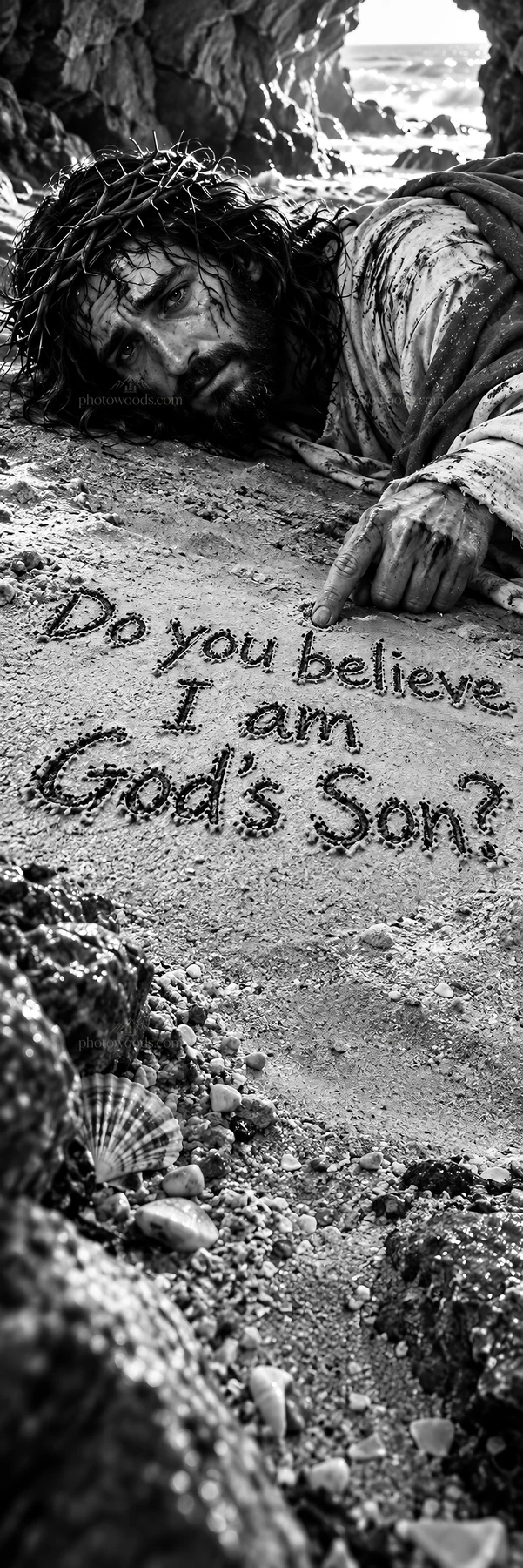 Jesus Christ lying on the ground asking a question - AI-generated stock image