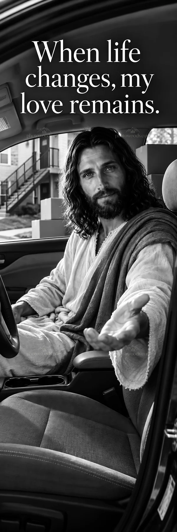 Jesus Christ extending a hand in a car - AI-generated stock image