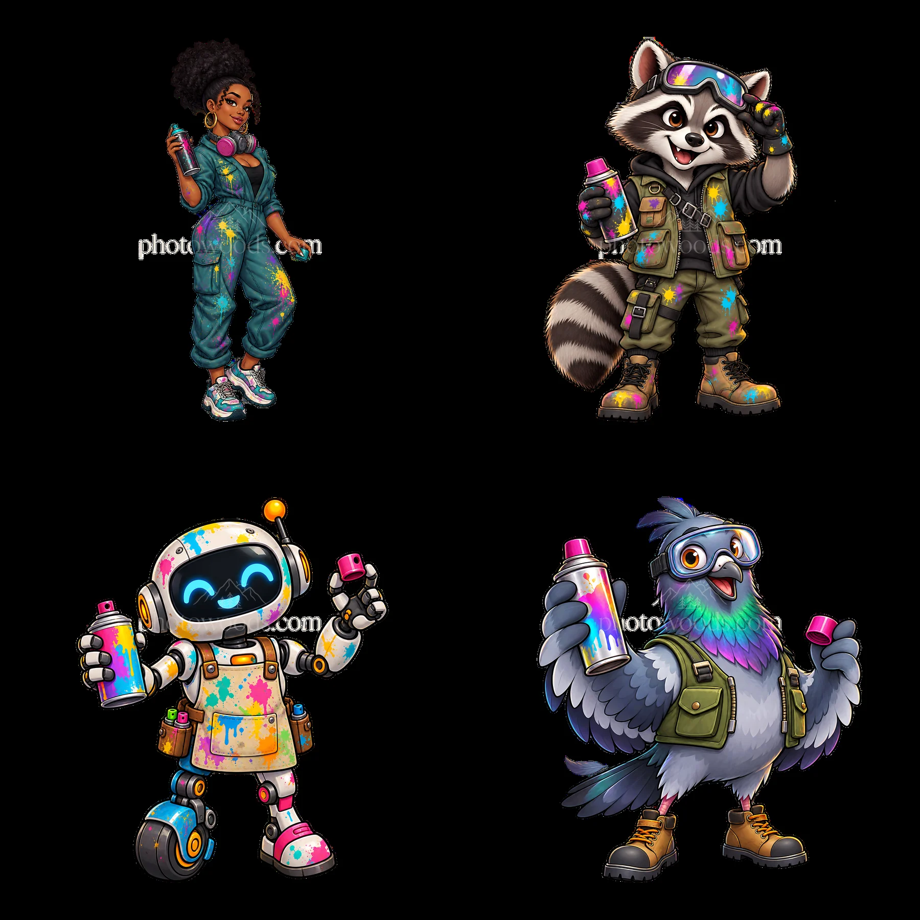 Cartoon graffiti sprayers in a 2x2 layout with colorful details - AI-generated stock image