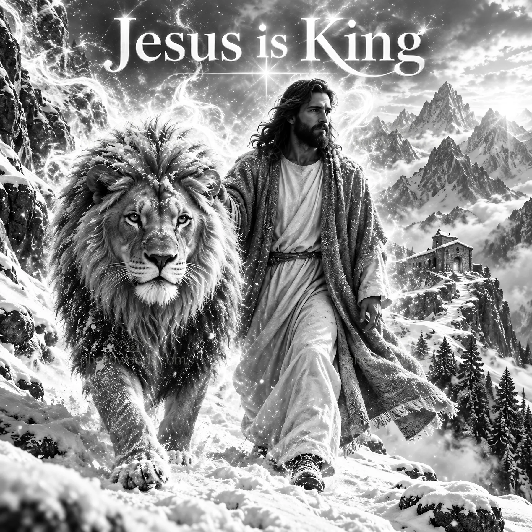 Jesus Christ walking with a lion in a mountainous landscape - AI-generated stock image