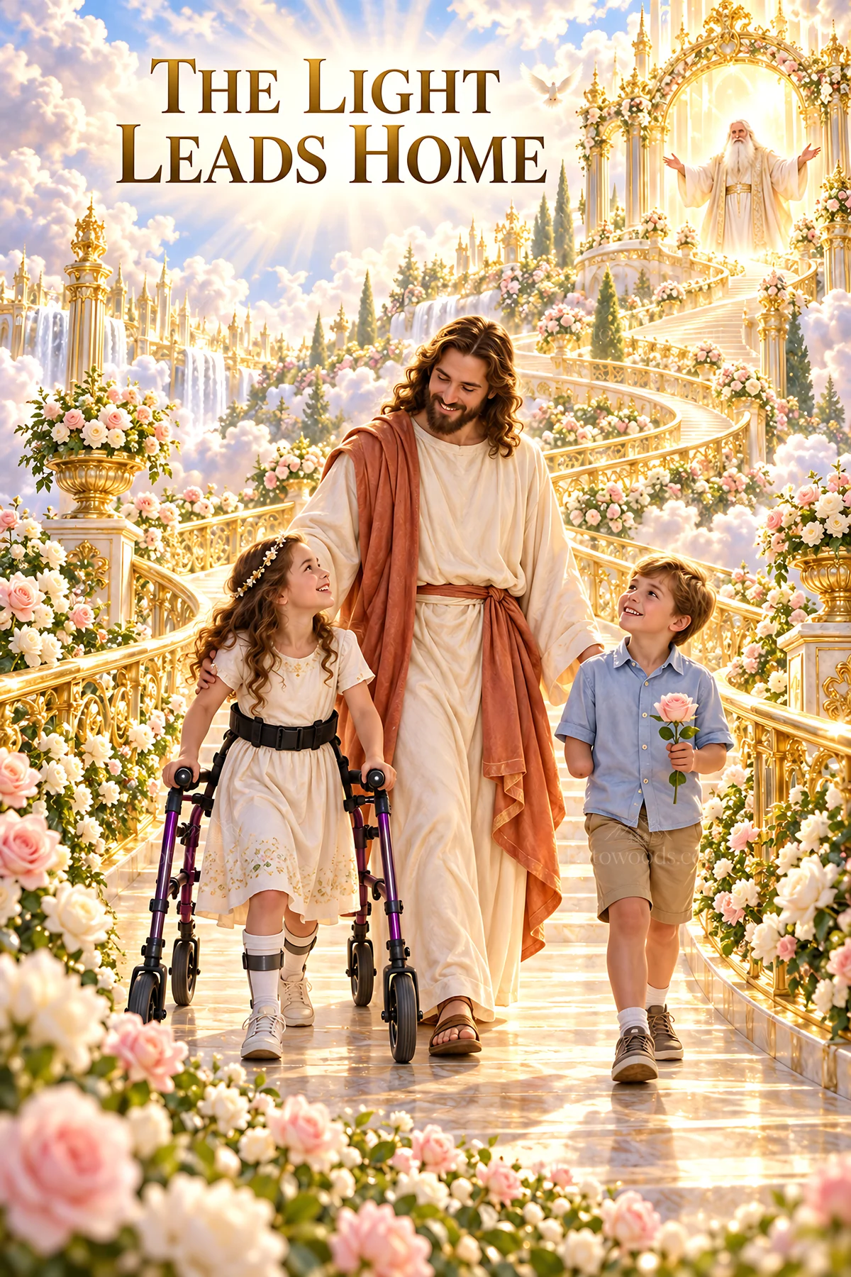 Jesus Christ walking with children in a garden path - AI-generated stock image