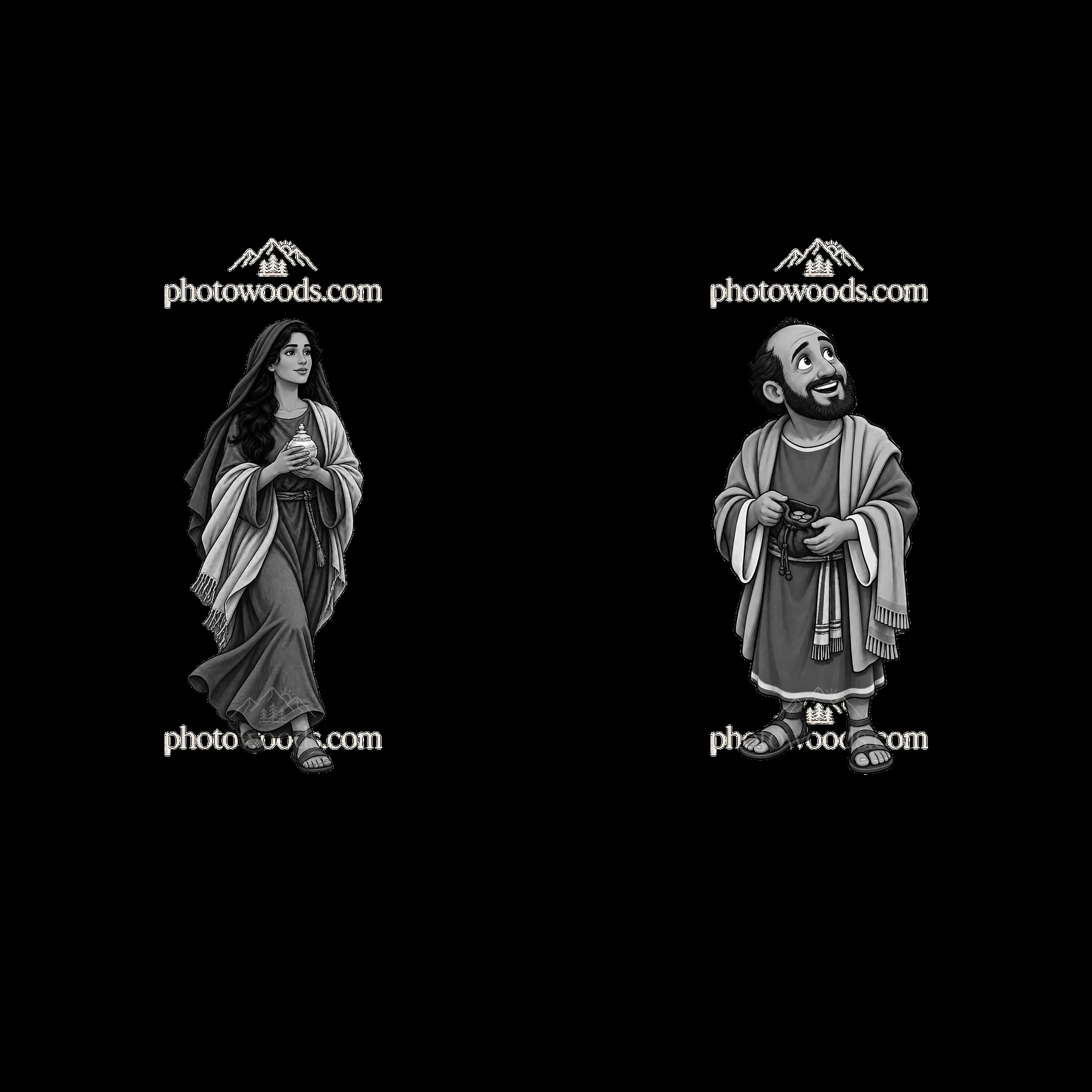 Jesus and a woman walking, wearing robes in monochrome style - AI-generated stock image