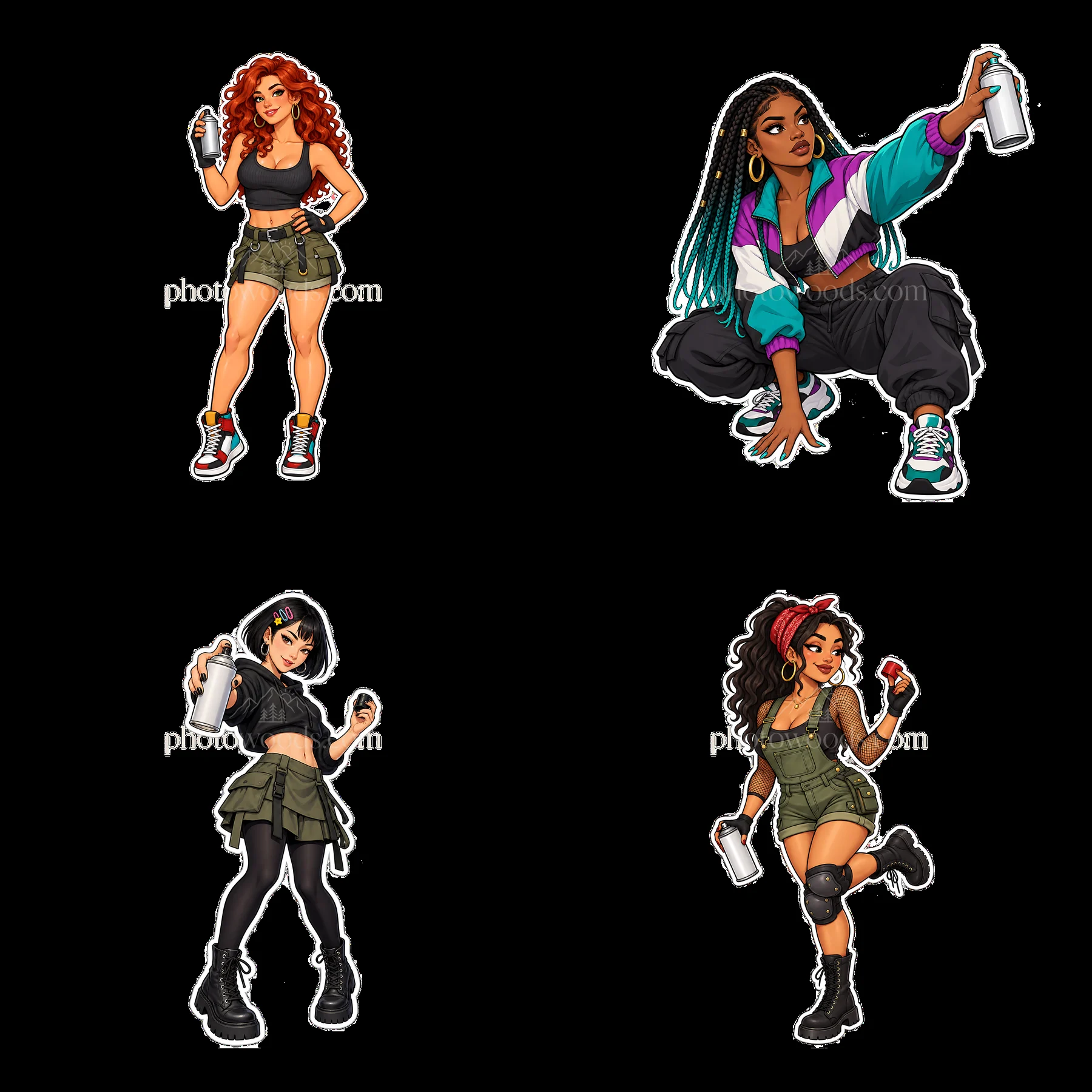 Four cartoon female graffiti sprayers in playful poses - AI-generated stock image