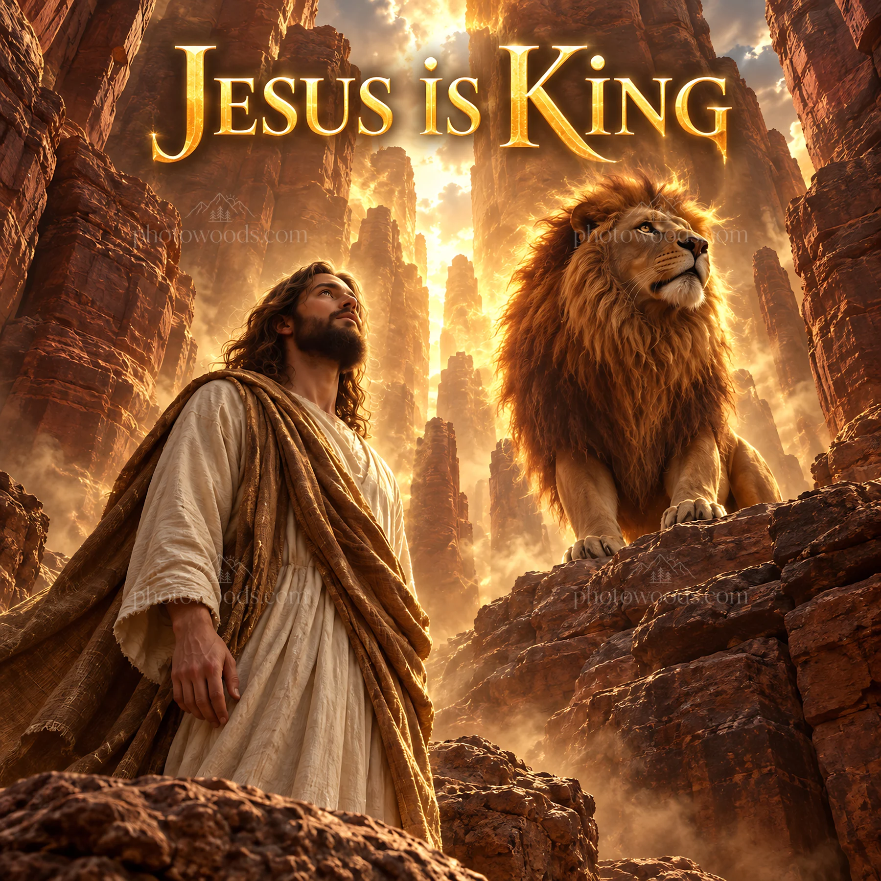 Jesus Christ standing with a lion in a dramatic landscape - AI-generated stock image