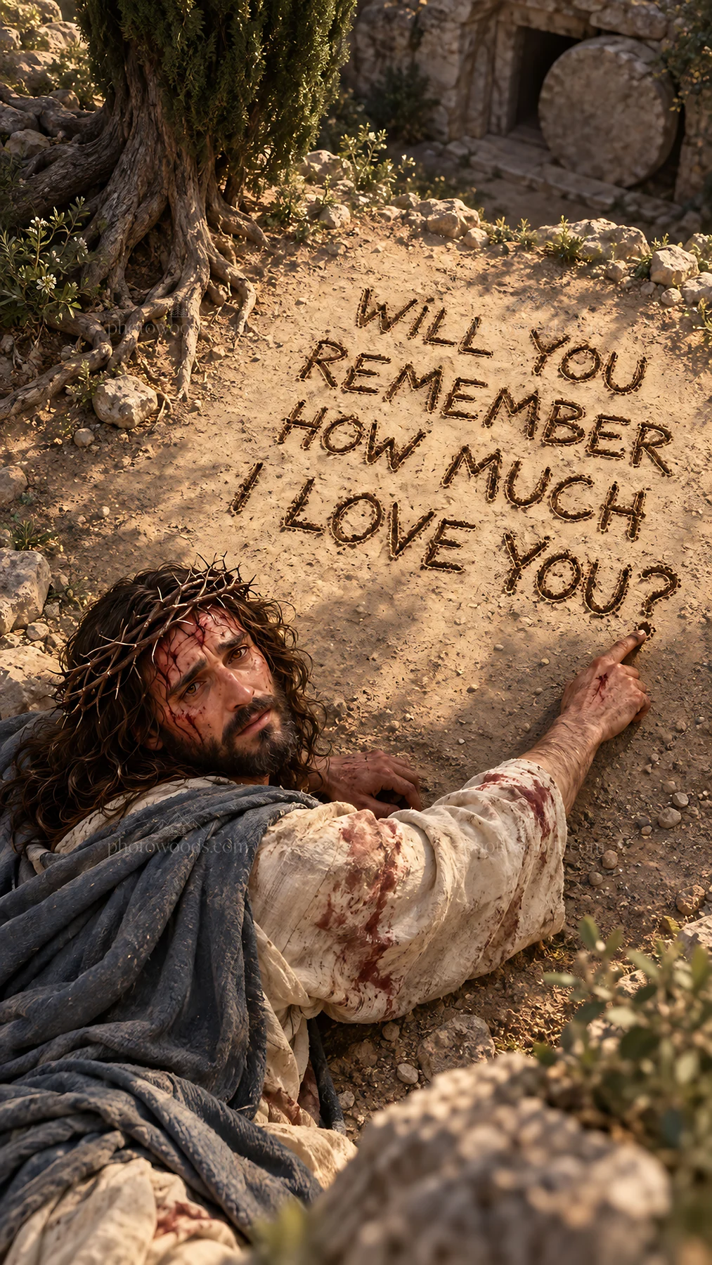 Jesus Christ writing in the dirt with a message of love - AI-generated stock image
