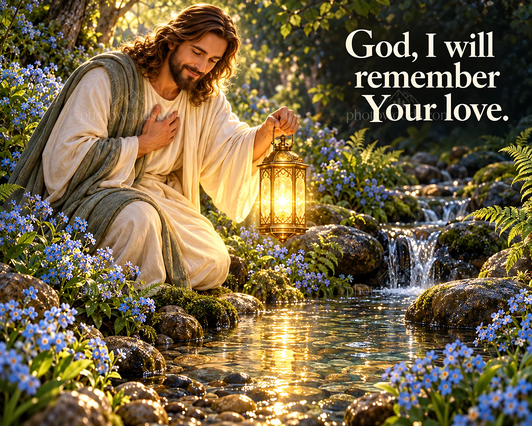 Jesus Christ holding a lantern by a peaceful stream - AI-generated stock image