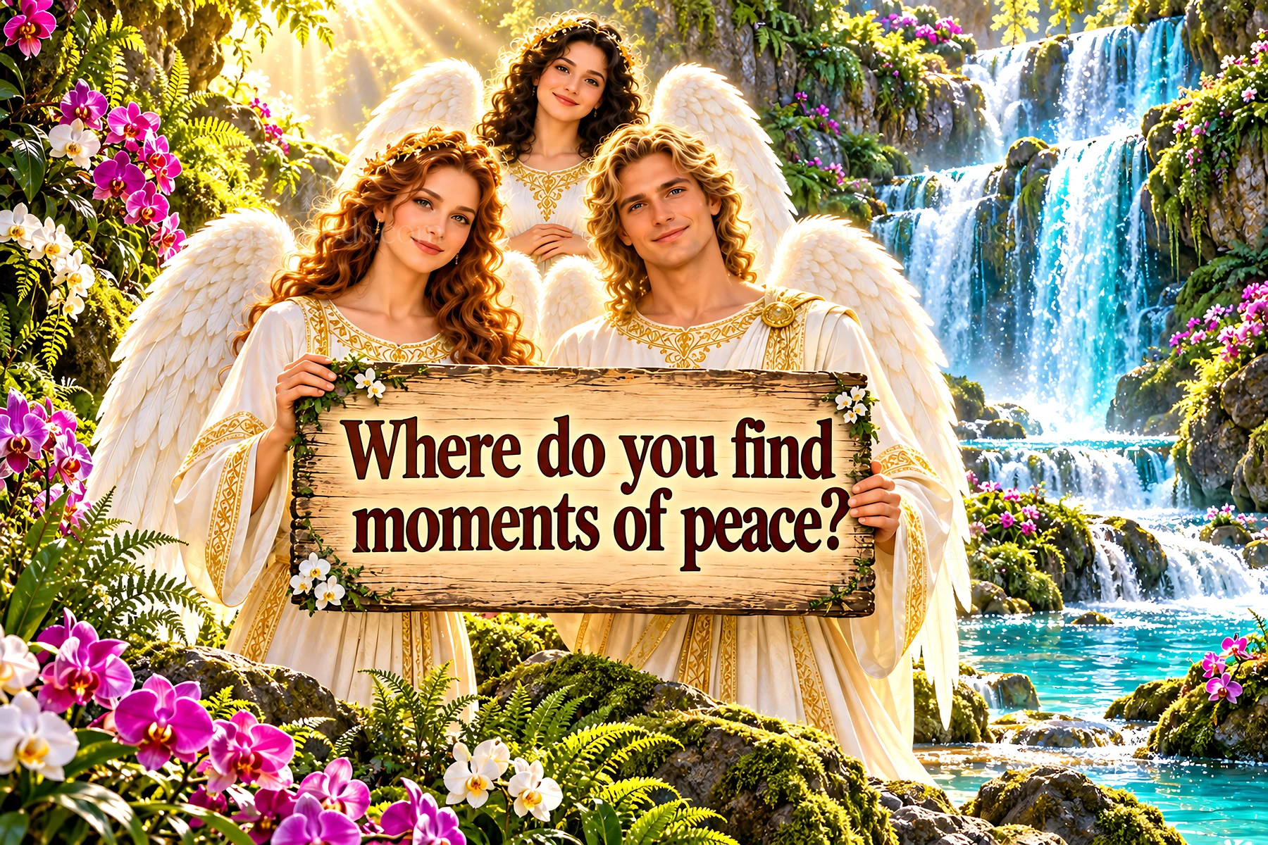 Jesus Christ with angels in a serene garden setting - AI-generated stock image