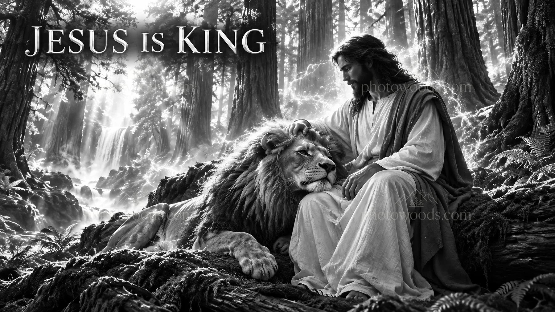 Jesus Christ comforts a lion in a peaceful forest setting - AI-generated stock image