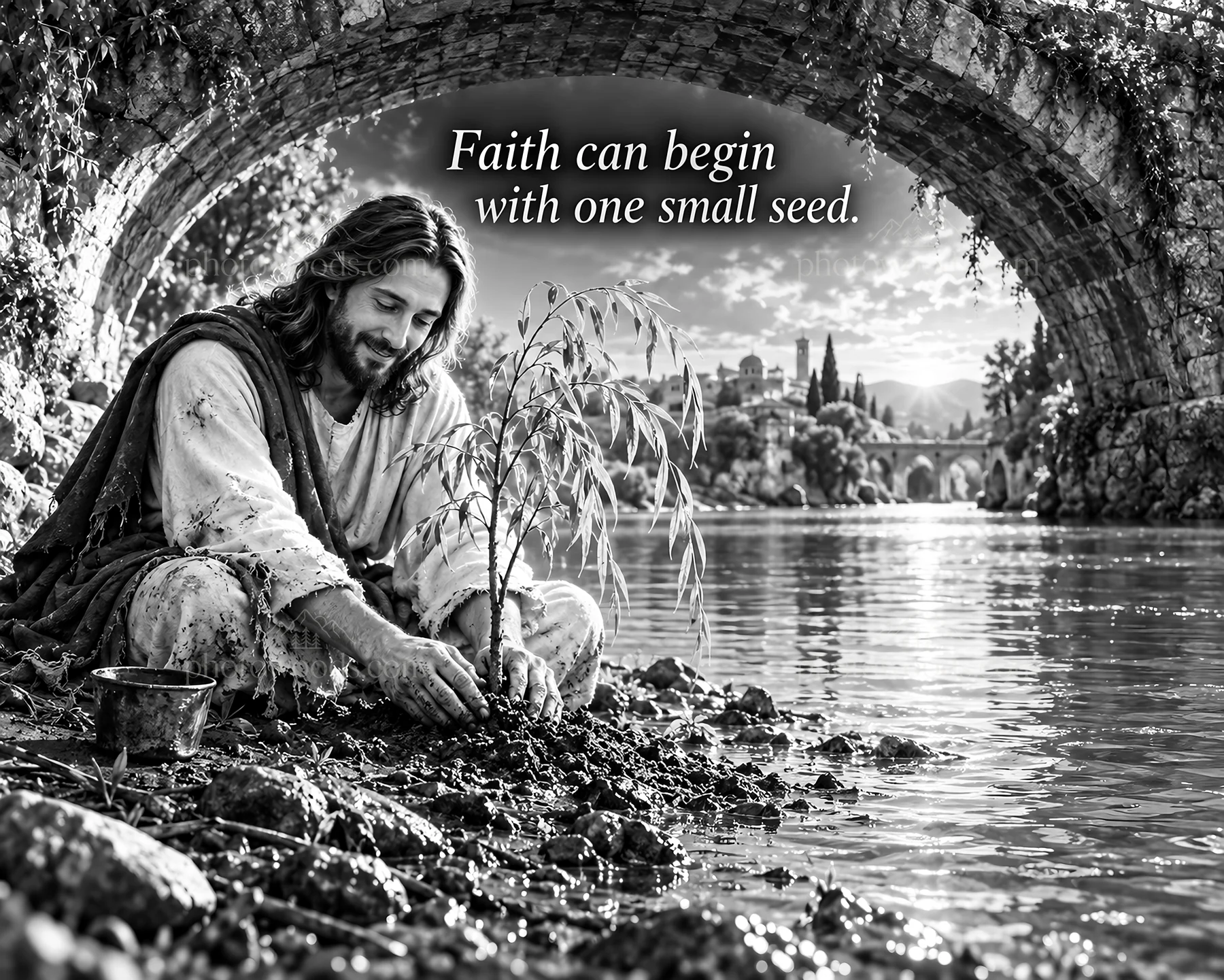 Jesus Christ planting a seed by the river - AI-generated stock image