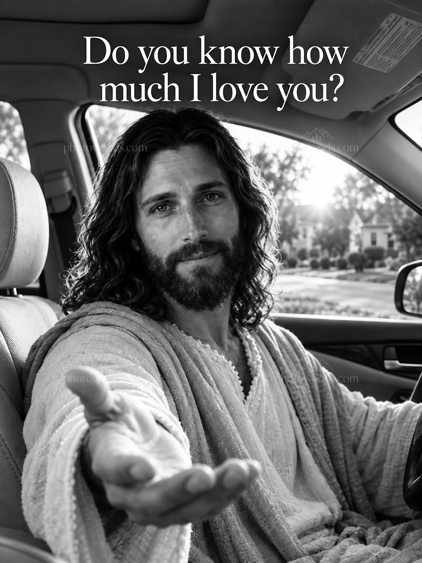 Jesus Christ welcoming with open arms in a car setting - AI-generated stock image