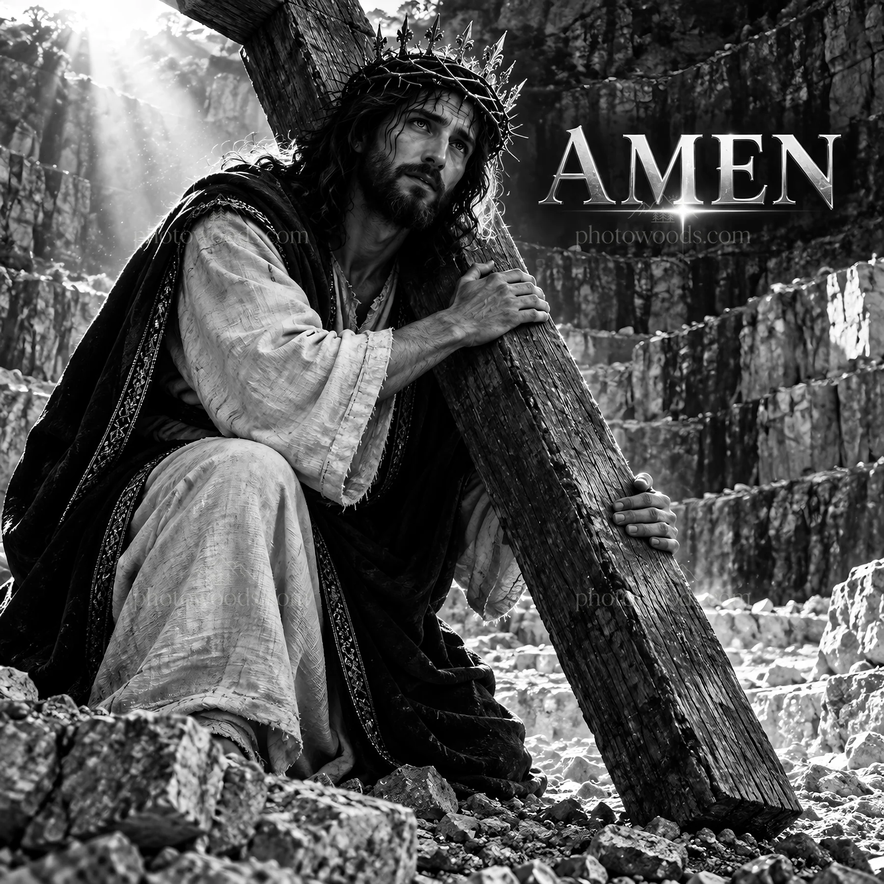 Jesus Christ carries the cross in a rocky setting - AI-generated stock image