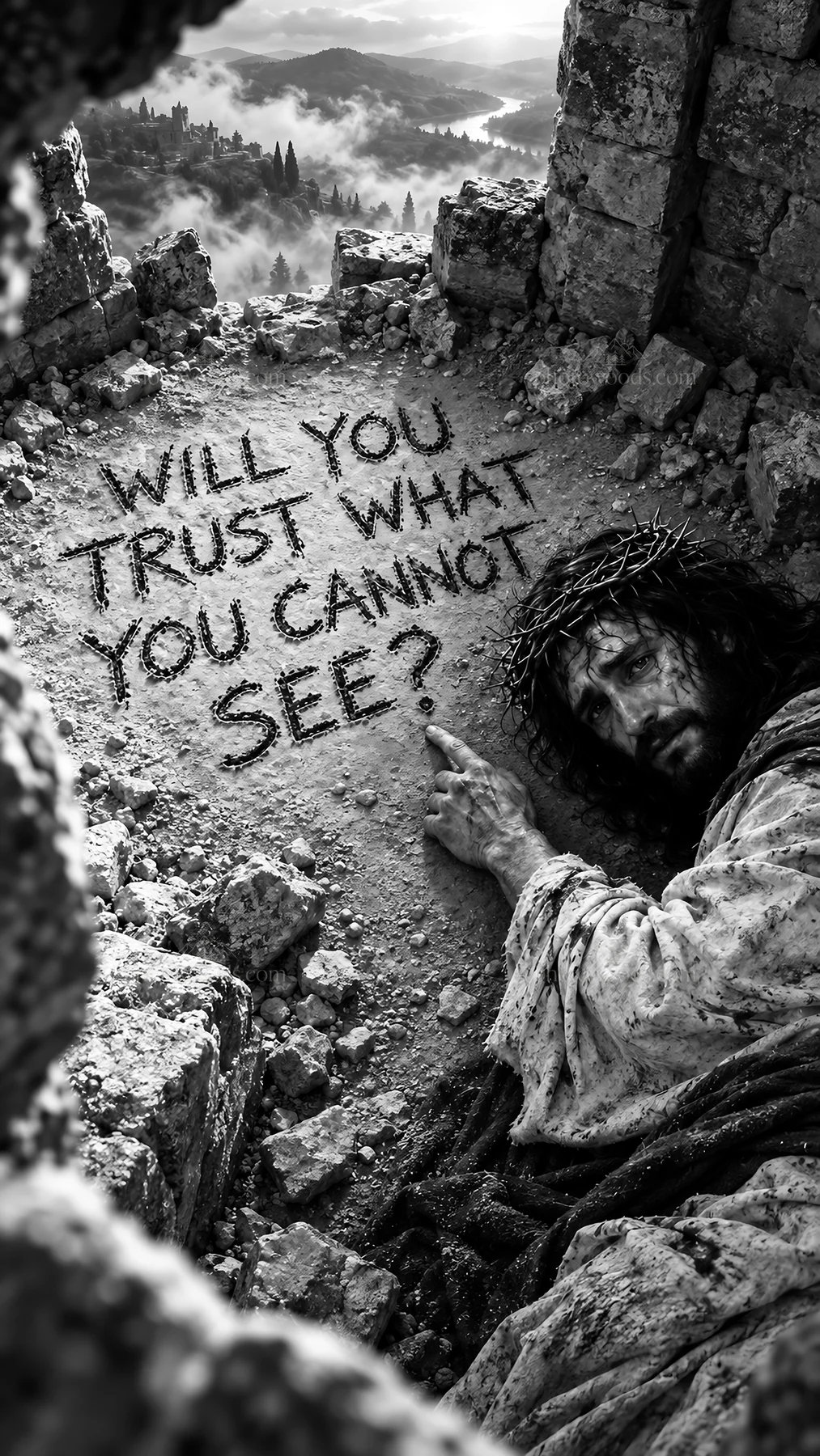 Jesus Christ lying on the ground with a message about trust - AI-generated stock image