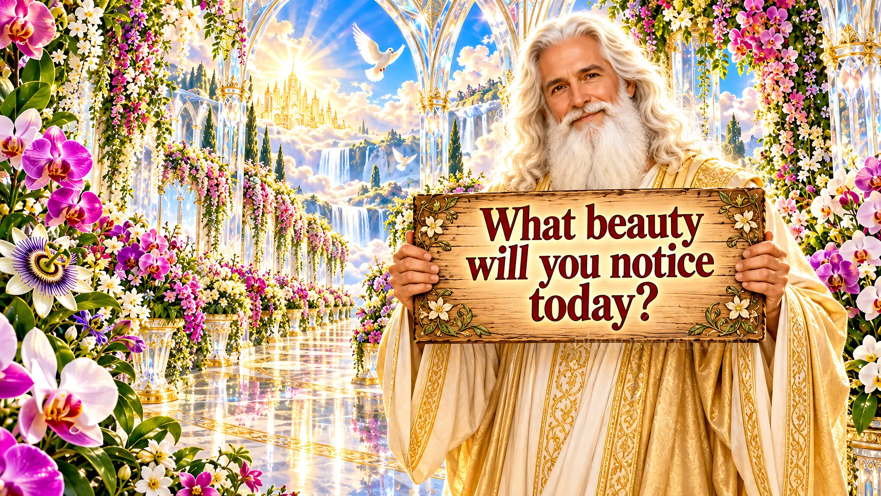 Jesus Christ holding a sign asking about beauty in nature - AI-generated stock image