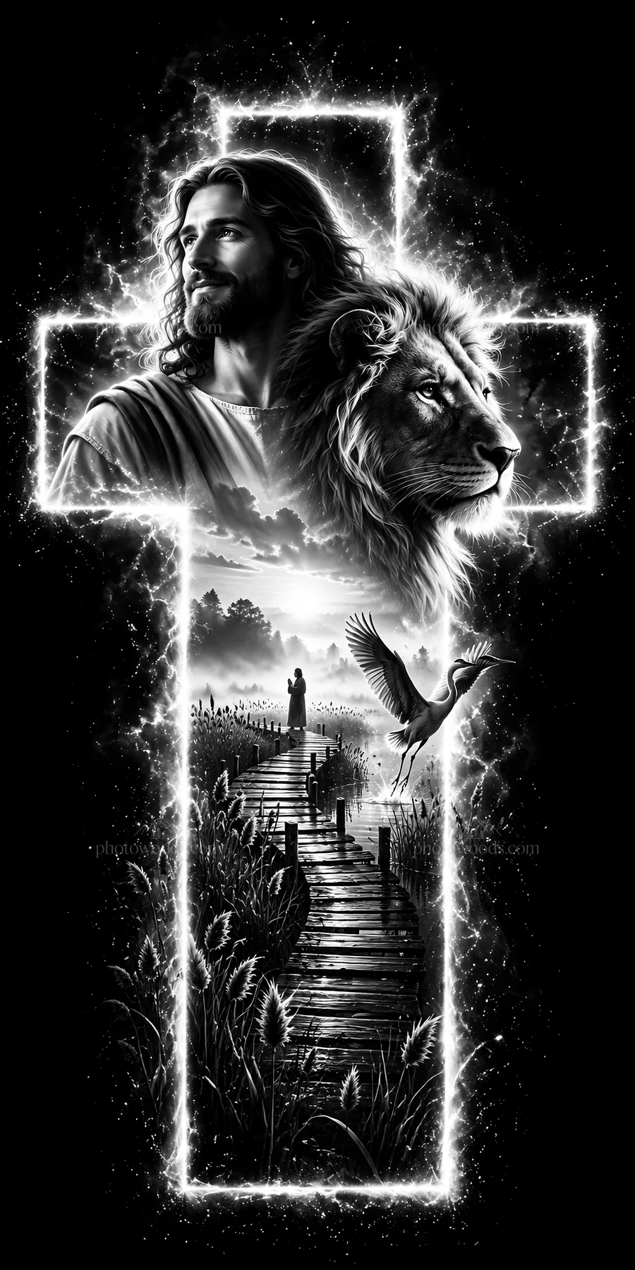 Jesus Christ with lion and figure on a bridge - AI-generated stock image