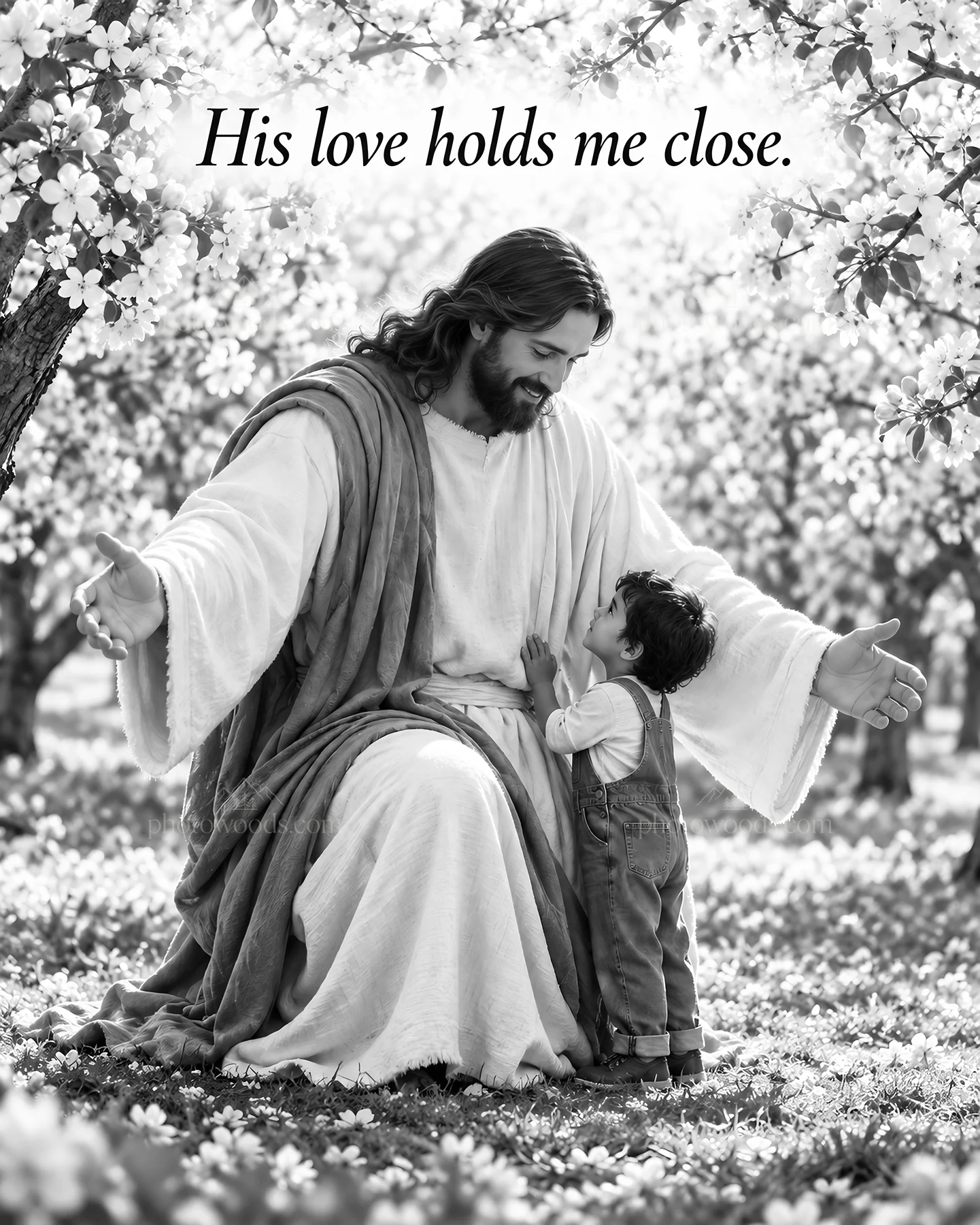 Jesus Christ welcomes a child in a garden setting - AI-generated stock image