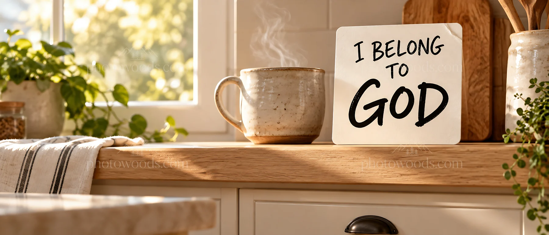 Jesus Christ blessing a home kitchen with a message of faith - AI-generated stock image