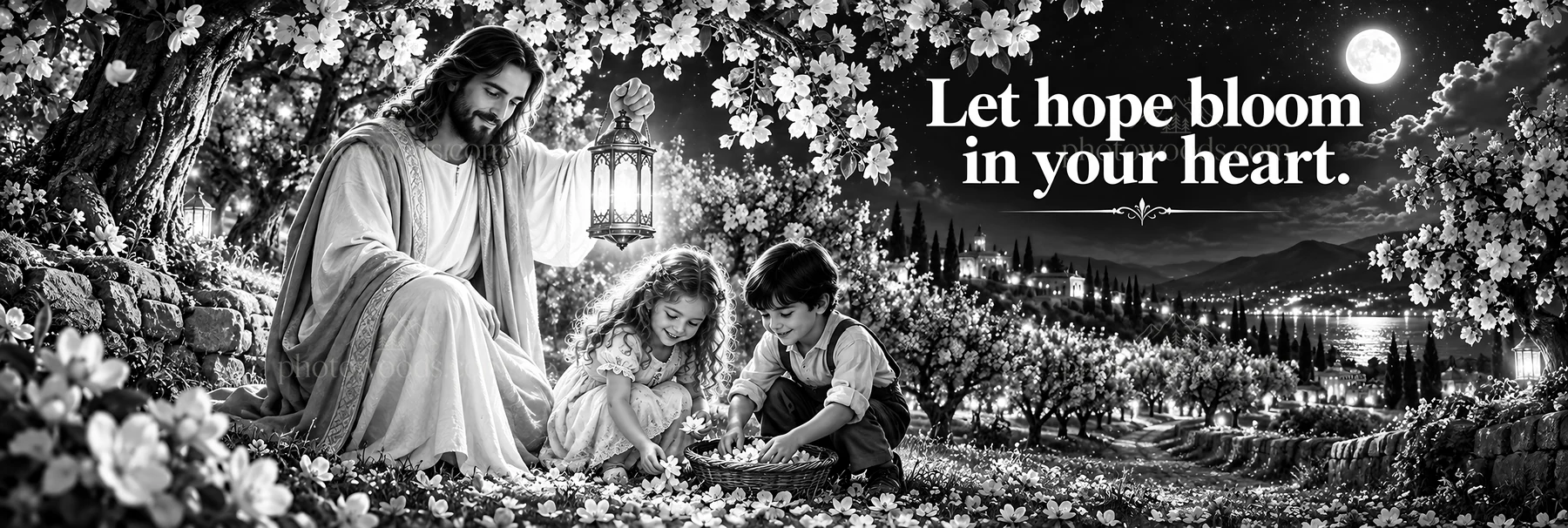 Jesus Christ comforting children in a flower garden - AI-generated stock image