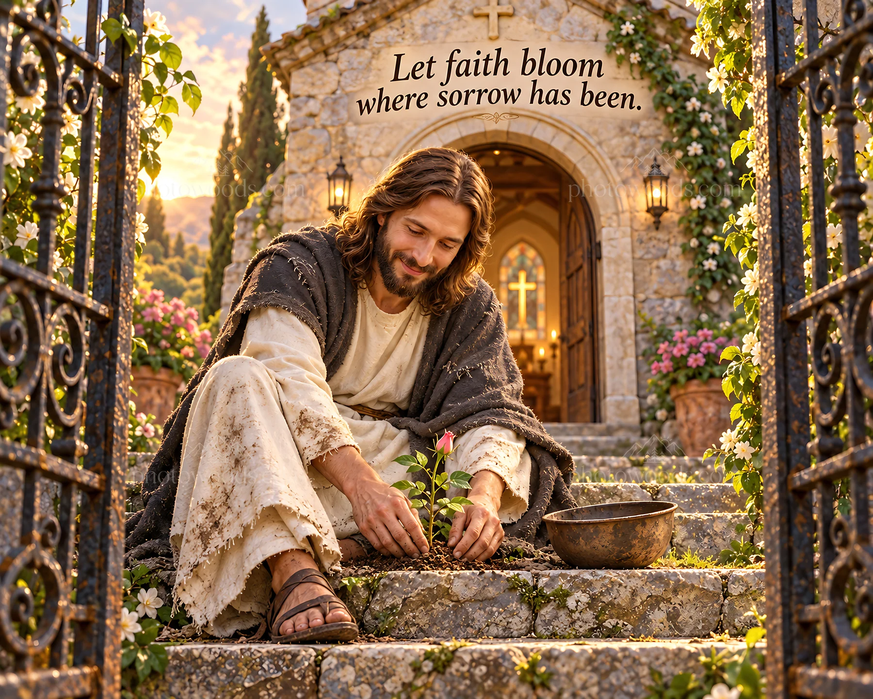 Jesus Christ planting a flower near a church - AI-generated stock image