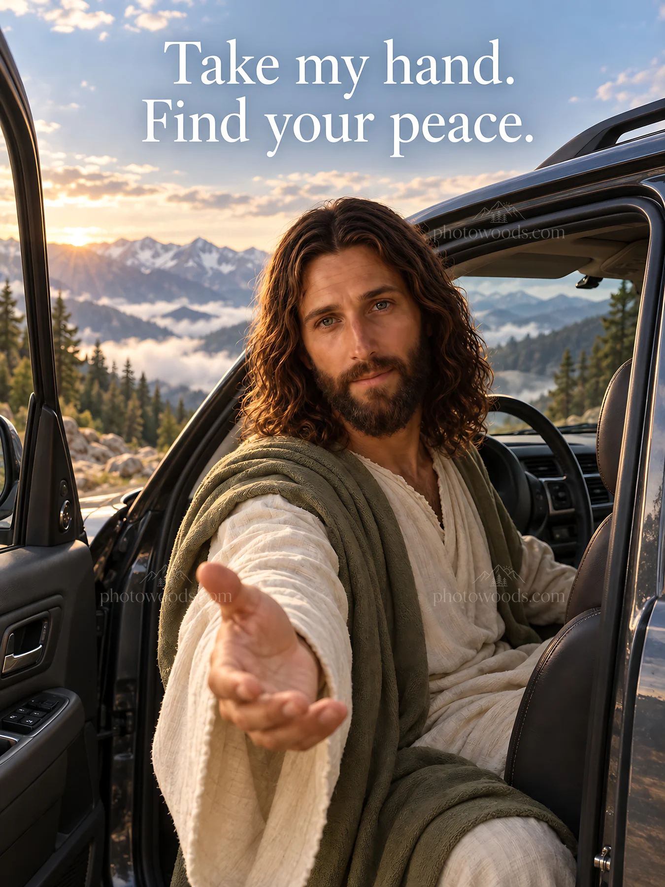 Jesus Christ inviting for peace in a serene landscape - AI-generated stock image