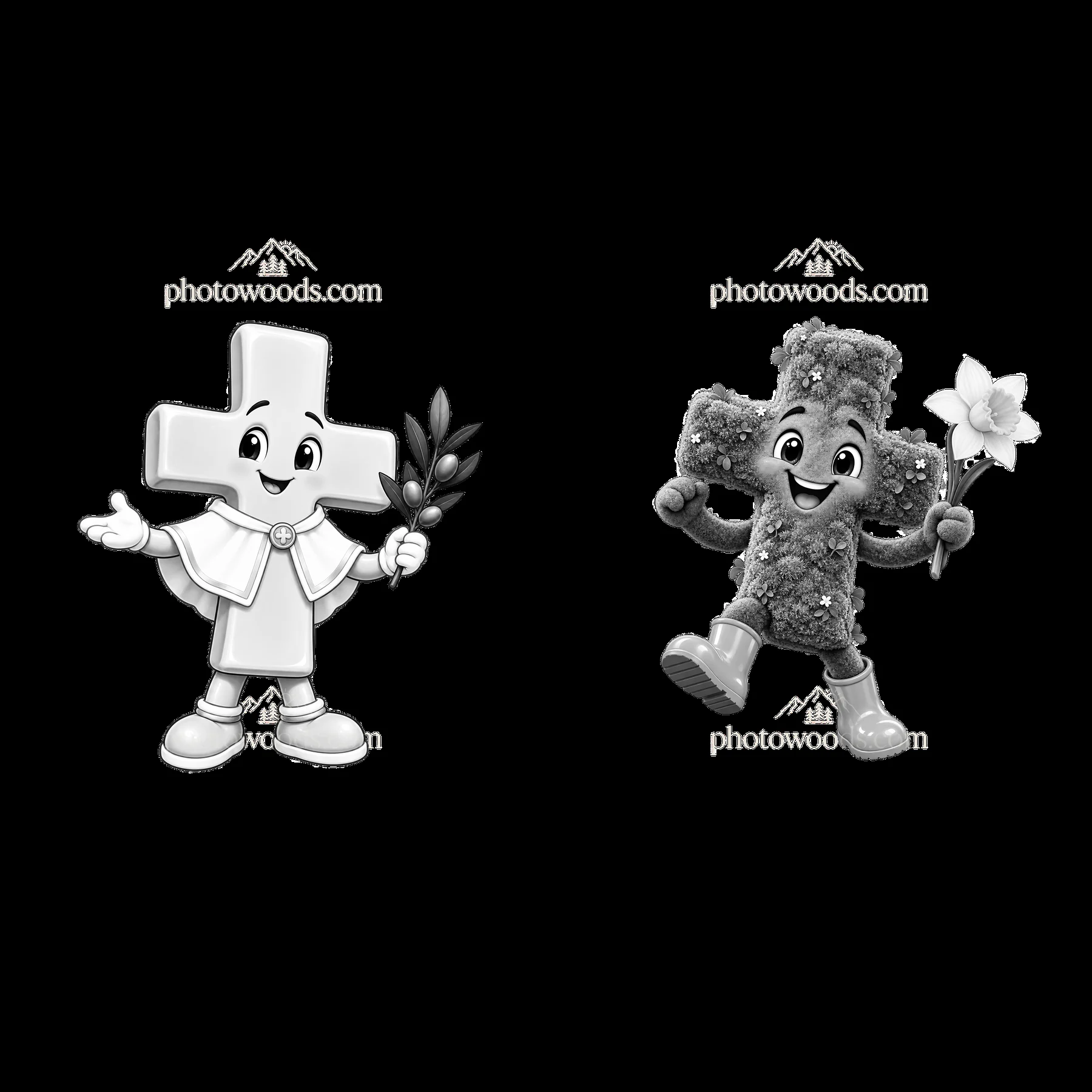 Easter cross characters holding flowers and greeting - AI-generated stock image