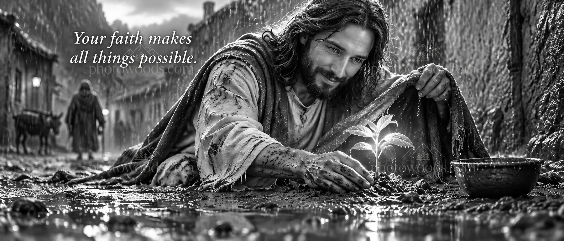 Jesus Christ planting a seed in a muddy street setting - AI-generated stock image