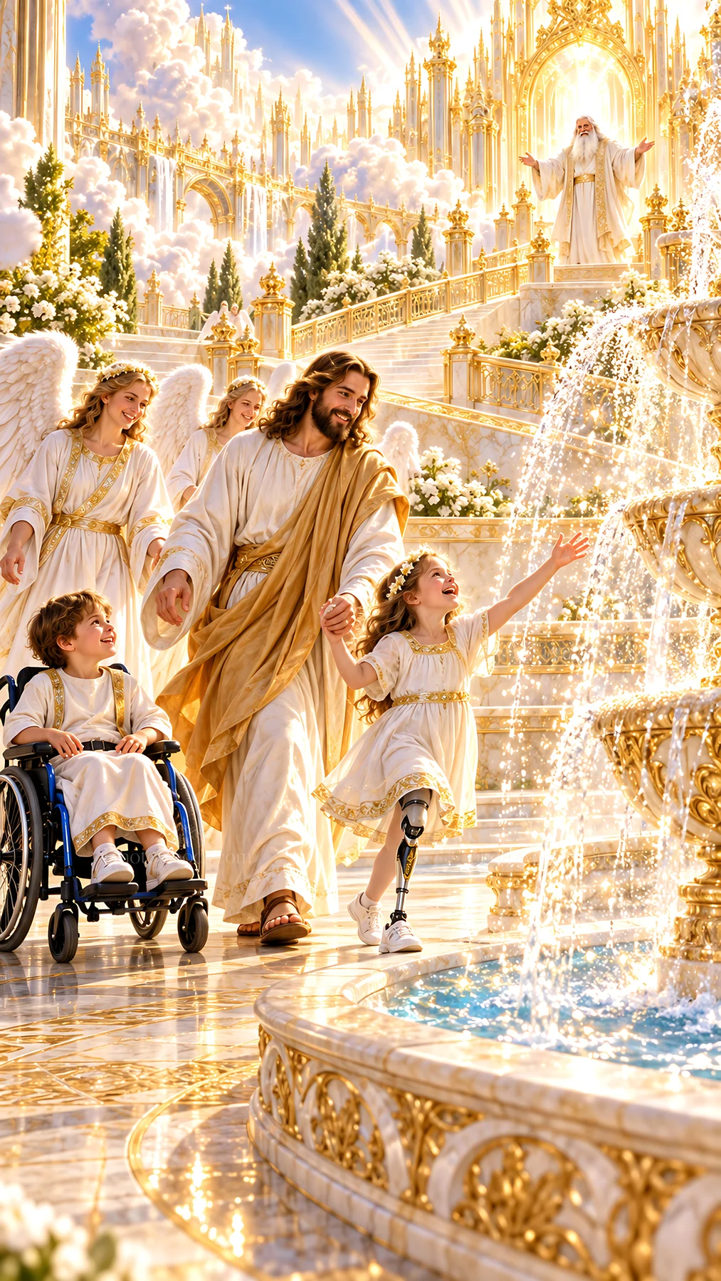 Jesus Christ with children in a heavenly scene - AI-generated stock image