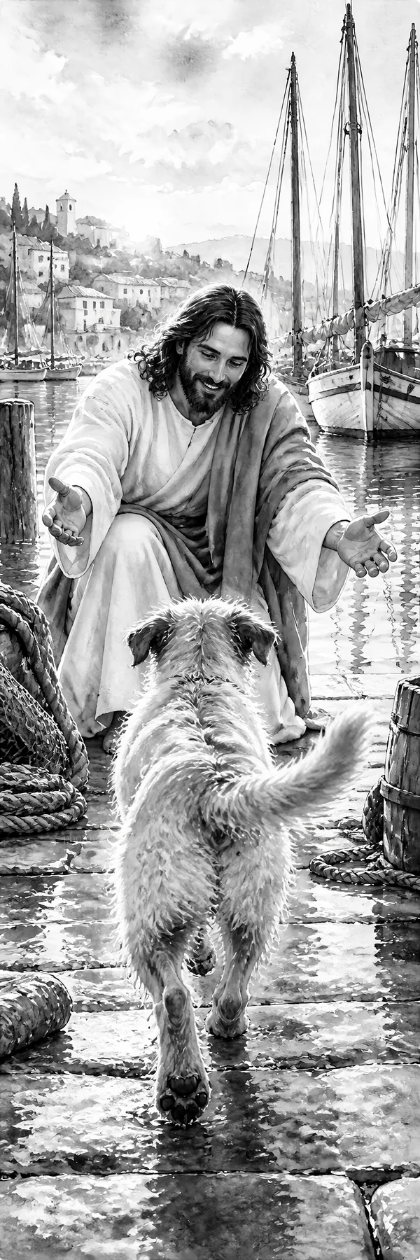 Jesus Christ welcoming a dog at the dock - AI-generated stock image