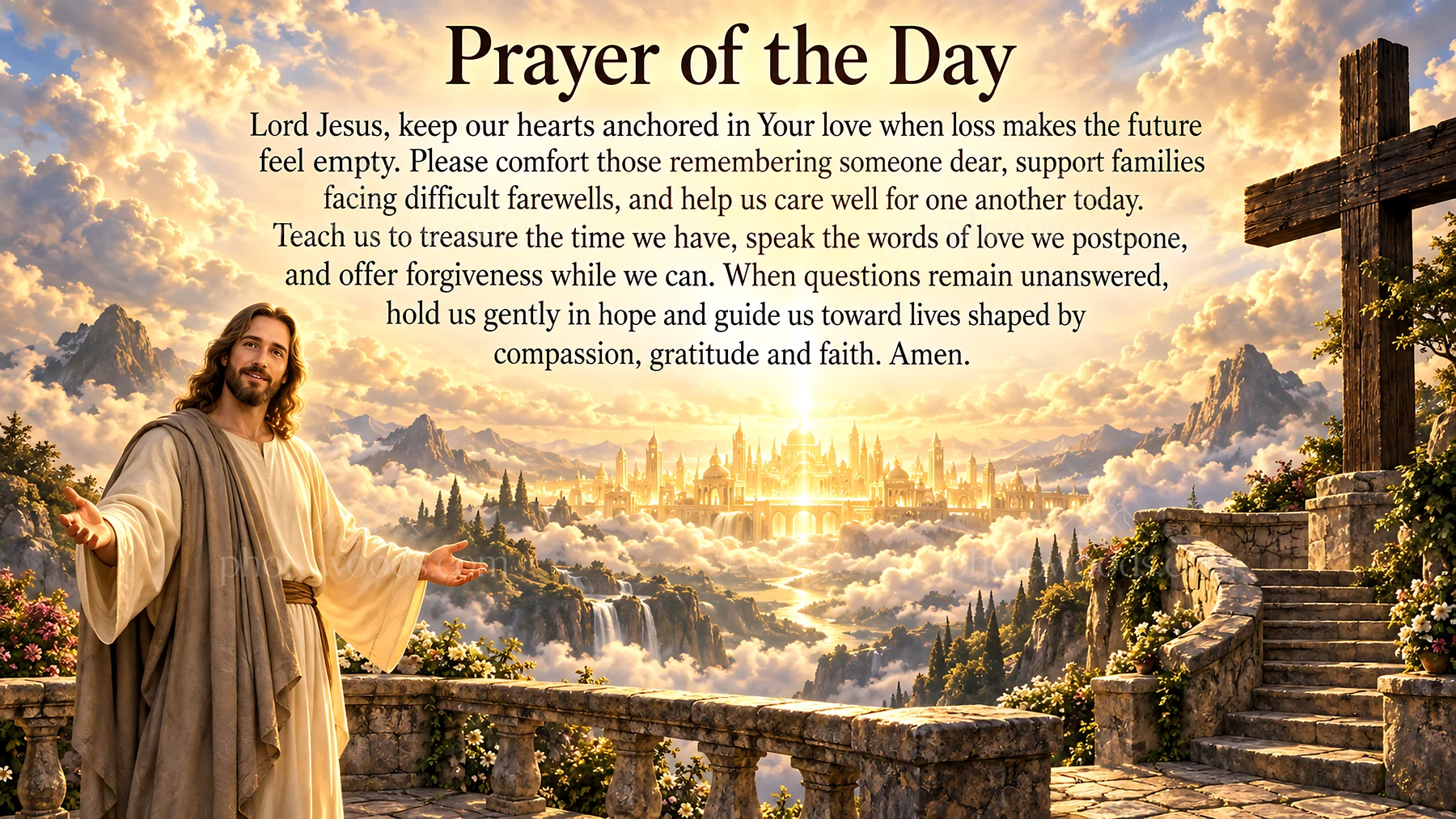 Jesus Christ sharing a prayer with comfort and hope - AI-generated stock image