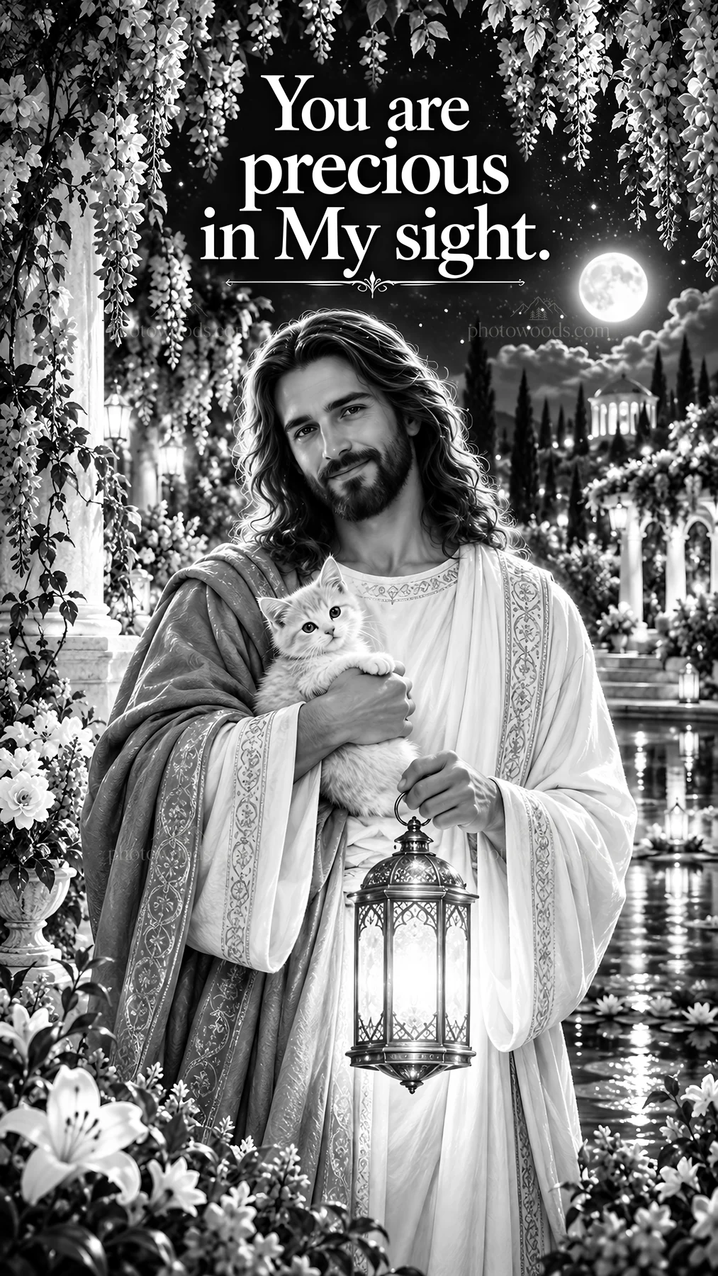 Jesus Christ holding a cat while surrounded by flowers - AI-generated stock image