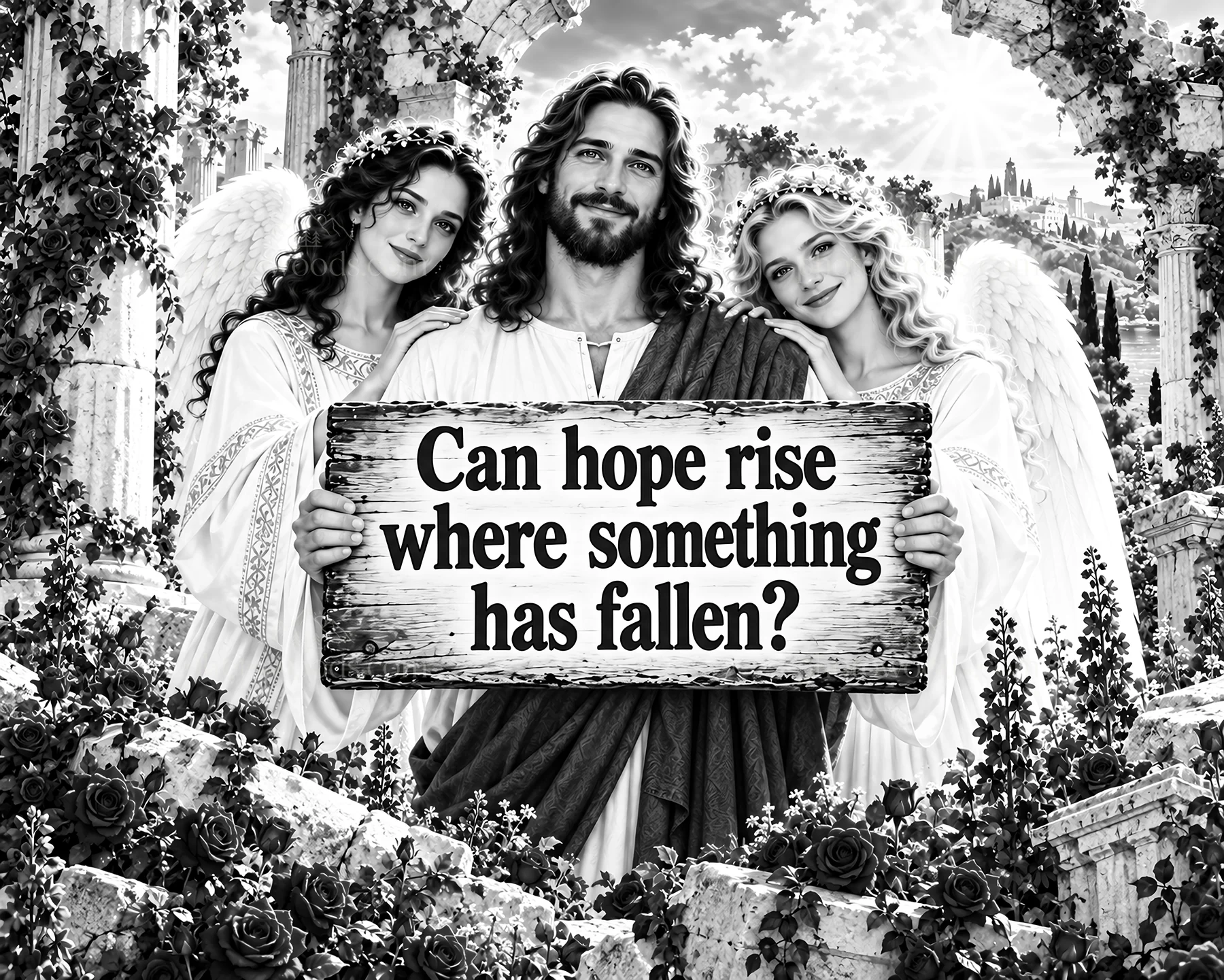 Jesus Christ with angels asking about hope and renewal - AI-generated stock image
