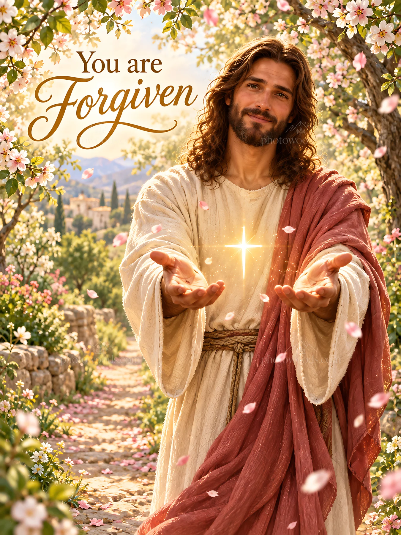 Jesus Christ offering forgiveness in a garden setting - AI-generated stock image