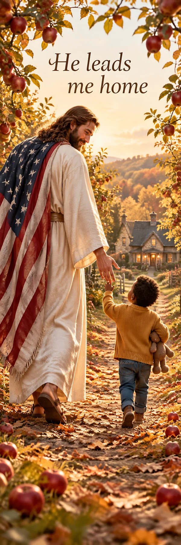 Jesus Christ walking with a child in a countryside setting - AI-generated stock image
