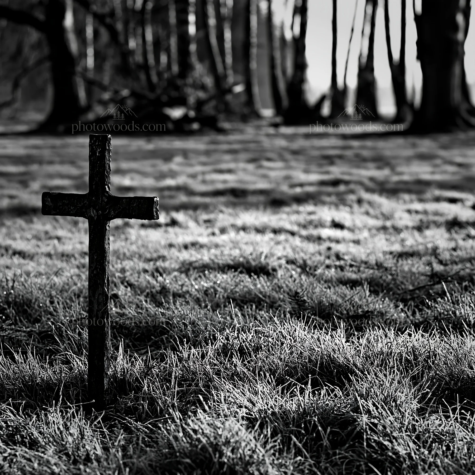 Bronze Christian cross in Christmas meadow - AI-generated stock image