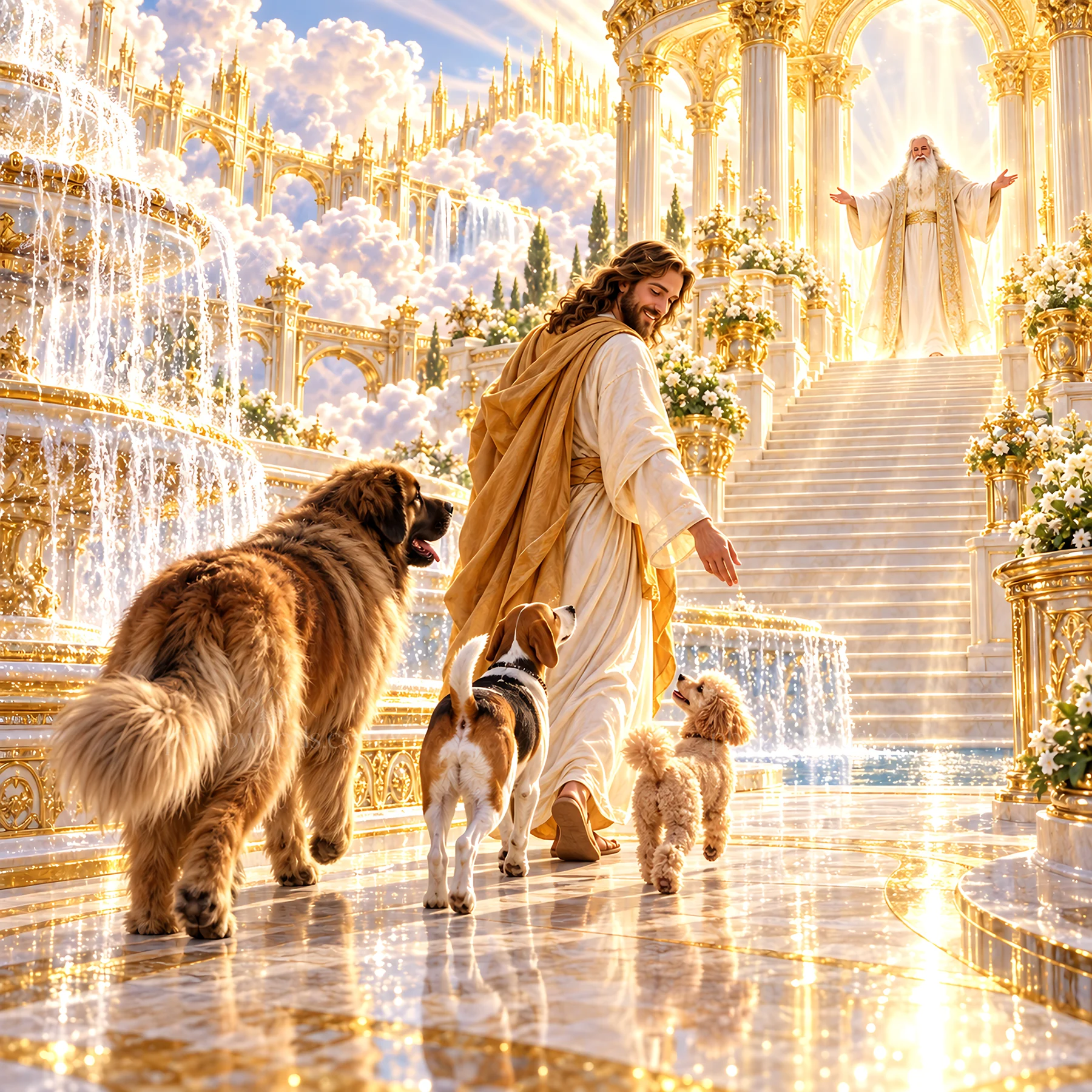 Jesus Christ walking with dogs in a heavenly landscape - AI-generated stock image