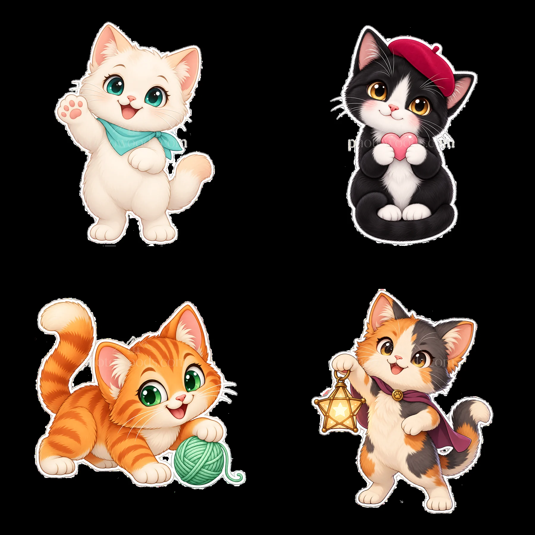Kawaii cats in playful poses with accessories in a 2x2 layout - AI-generated stock image