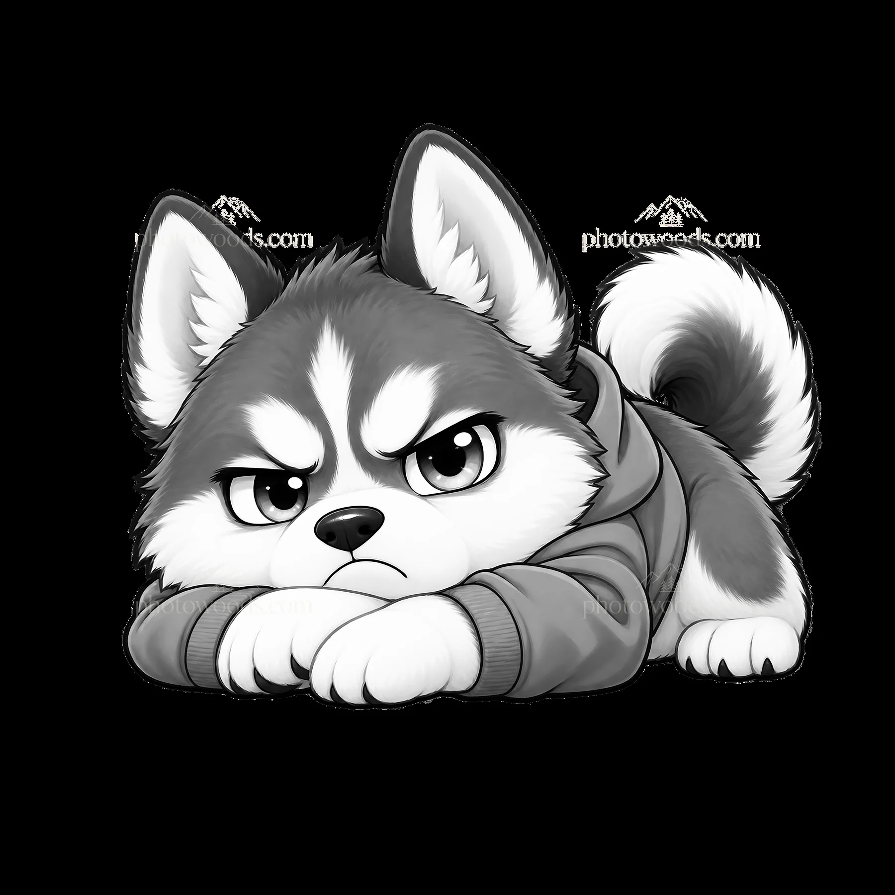 Kawaii grumpy dog lying down in a hoodie with a displeased expression - AI-generated stock image