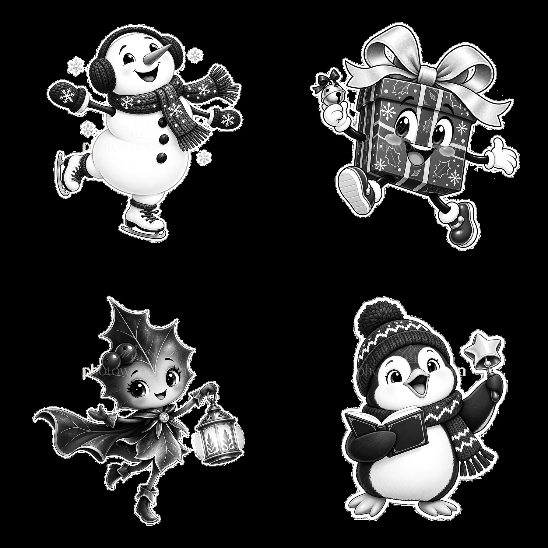 Monochrome four cartoon figure stickers in a square arrangement - AI-generated stock image