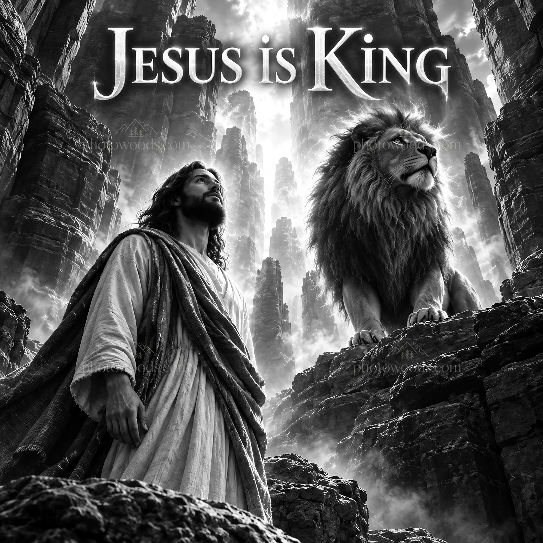 Jesus Christ stands with a lion in a rocky landscape - AI-generated stock image