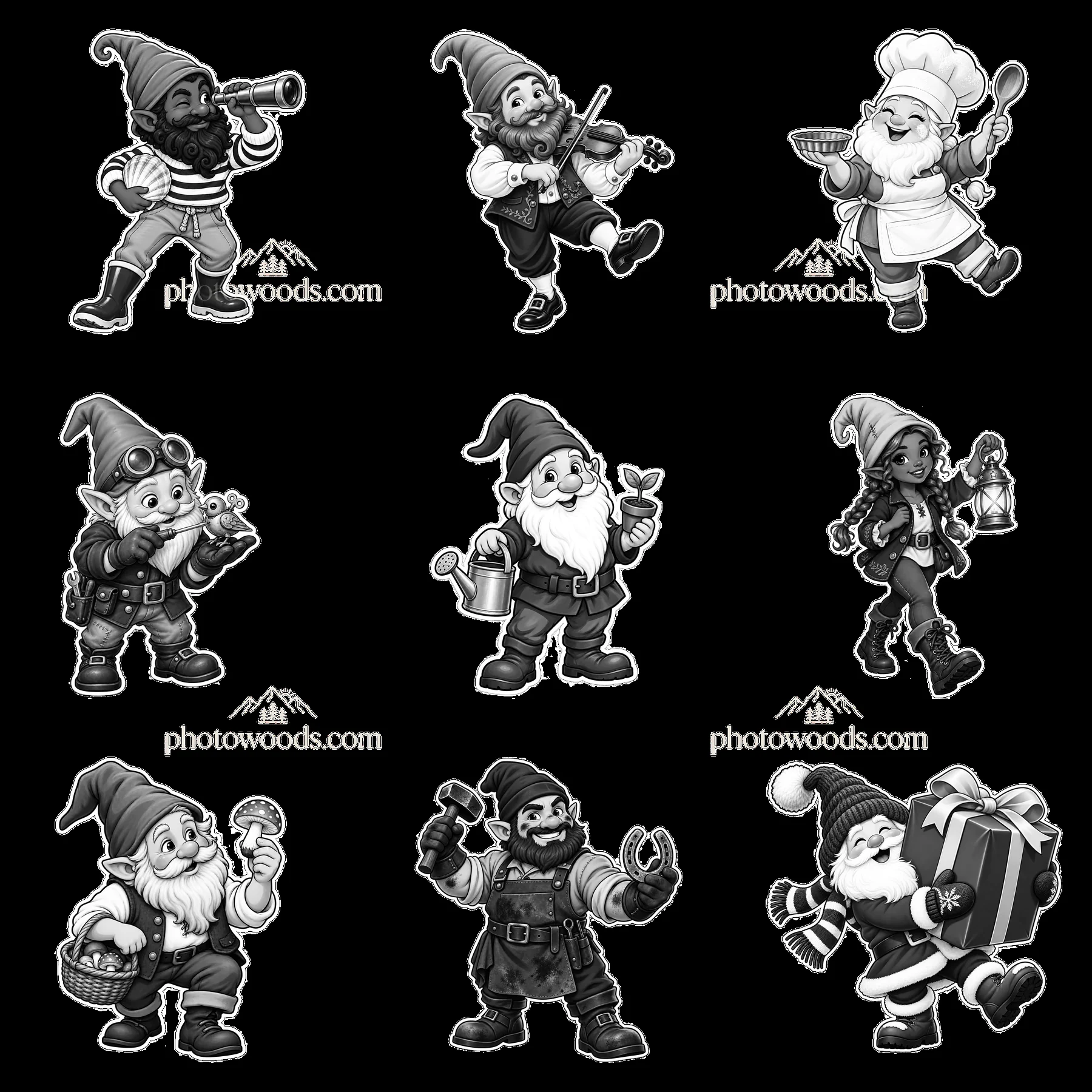 Gnomes performing various activities in black-and-white design - AI-generated stock image