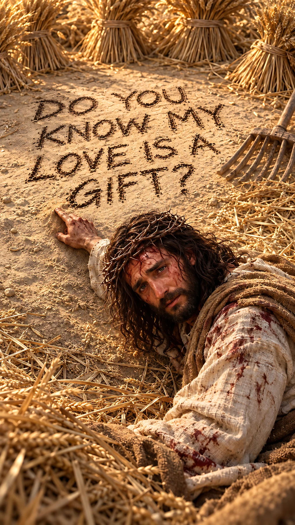 Jesus Christ conveying love in a field with written words - AI-generated stock image