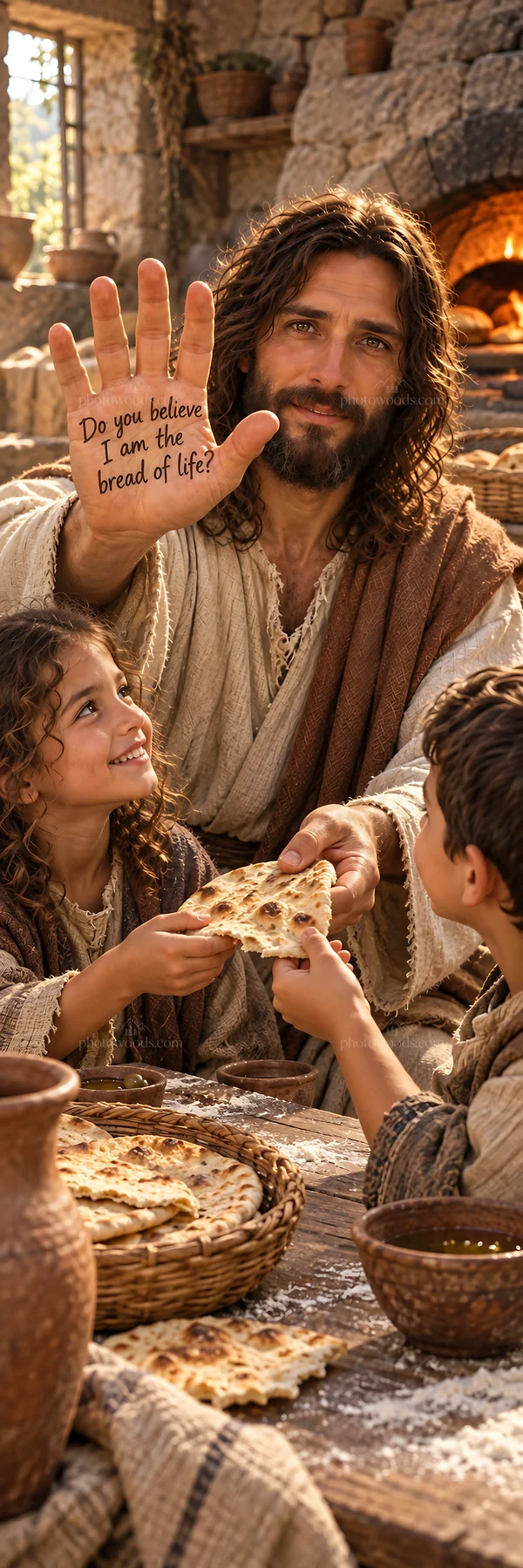 Jesus Christ sharing bread with children in a warm setting - AI-generated stock image