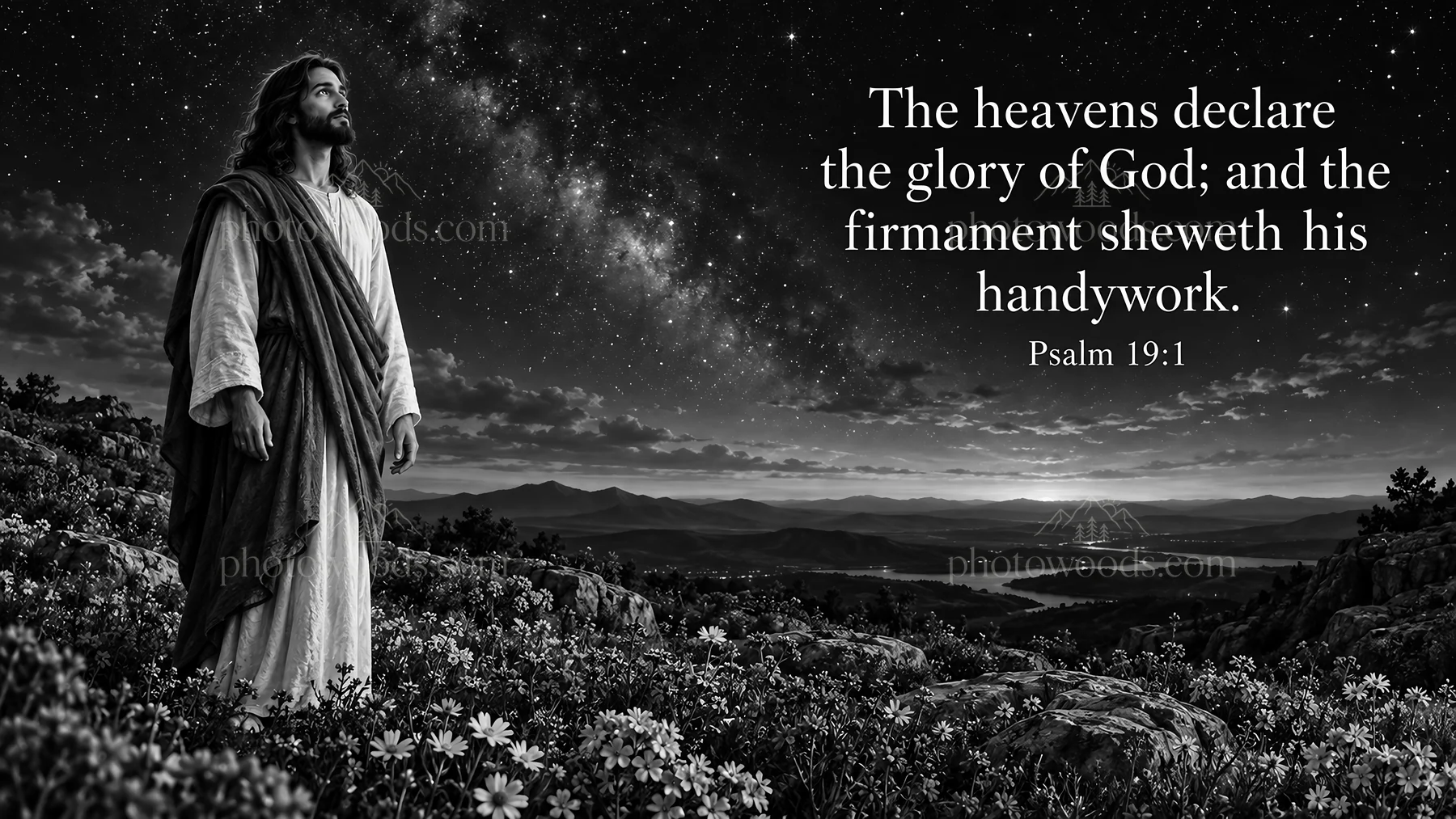 Jesus Christ standing in nature under the starry sky - AI-generated stock image