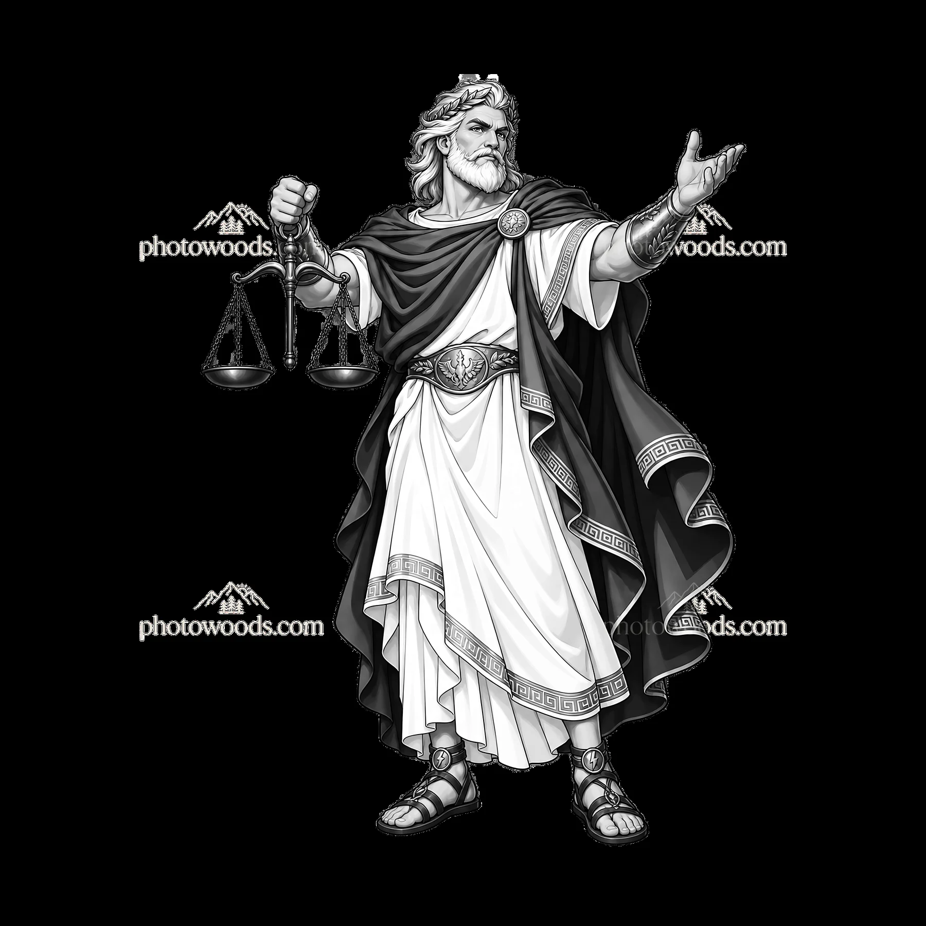 Zeus holding scales of justice with outstretched arm - AI-generated stock image